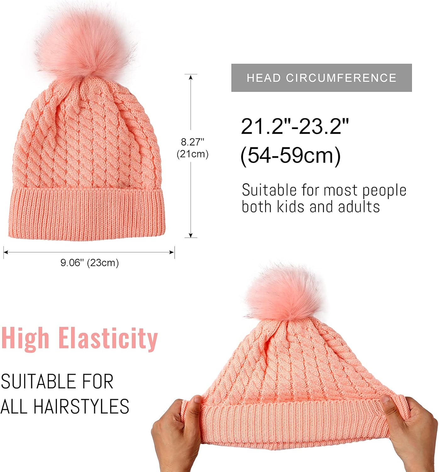 Womens Winter Satin Lined Beanie Hat Cuffed Cable Knit Detachable Faux Fur Pompom Silky Lined Warm Cap