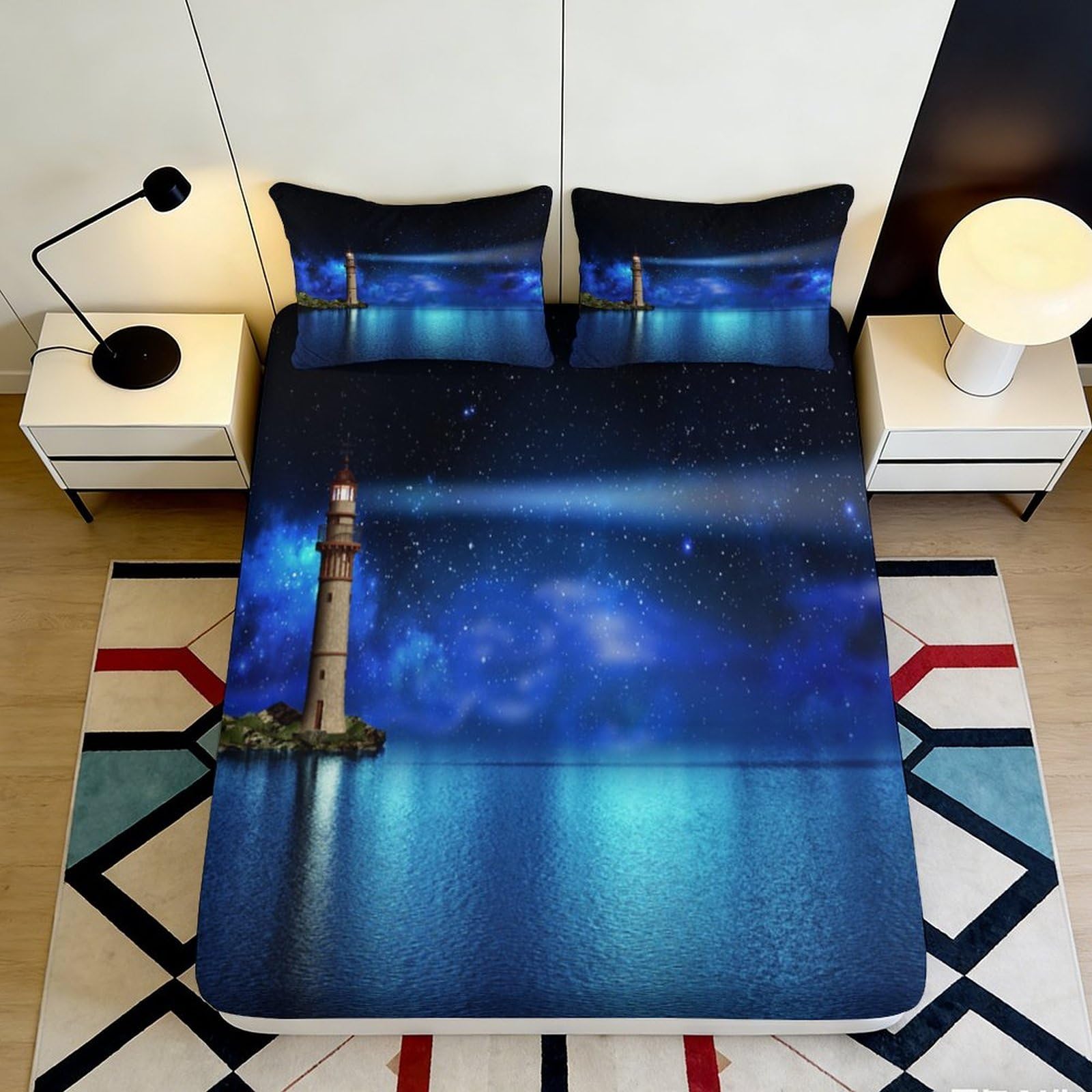 3D Printed Galaxy Starry Sky Fitted Sheet Microfiber Soft Blue Night Lighthouse Bed Sheet Bedroom Decor Mattress Cover 140x200x25cm