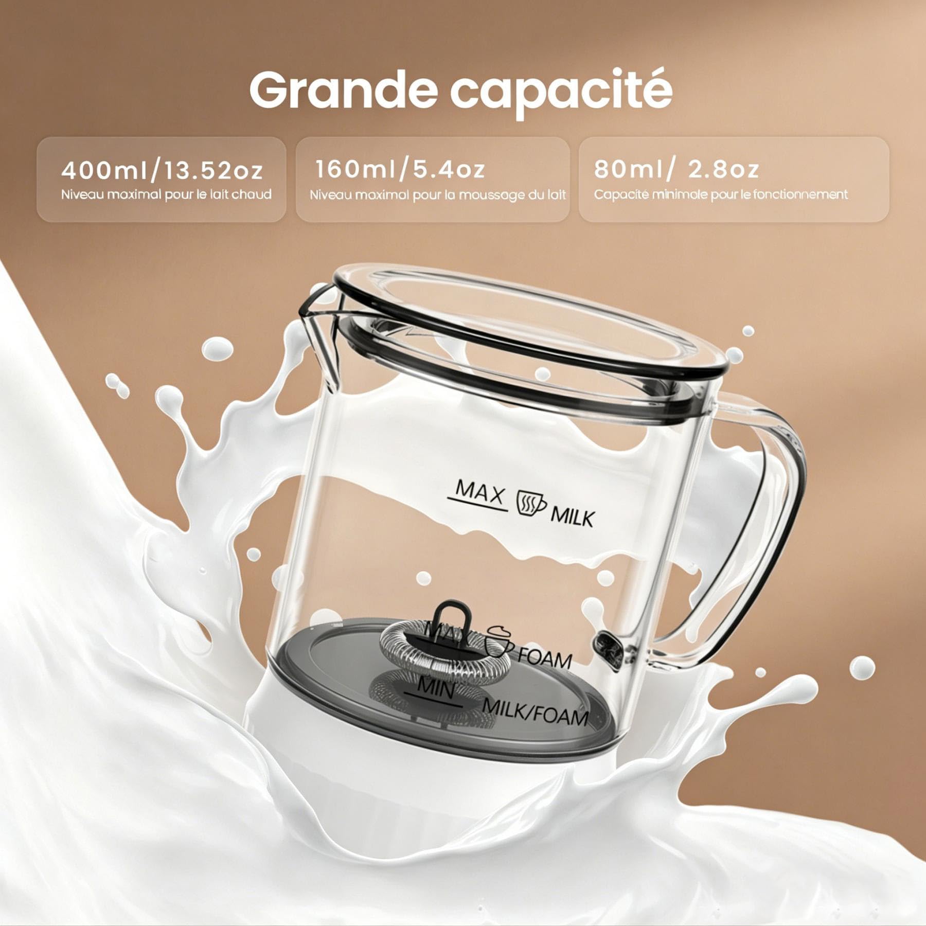 Mousseur à Lait Électrique 4 en 1 avec Chauffe Lait, Carafe Transparente pour Contrôle Visuel, Commande Tactile, Mousse Chaude et Froide pour Café, Latte, Cappuccino, Verre