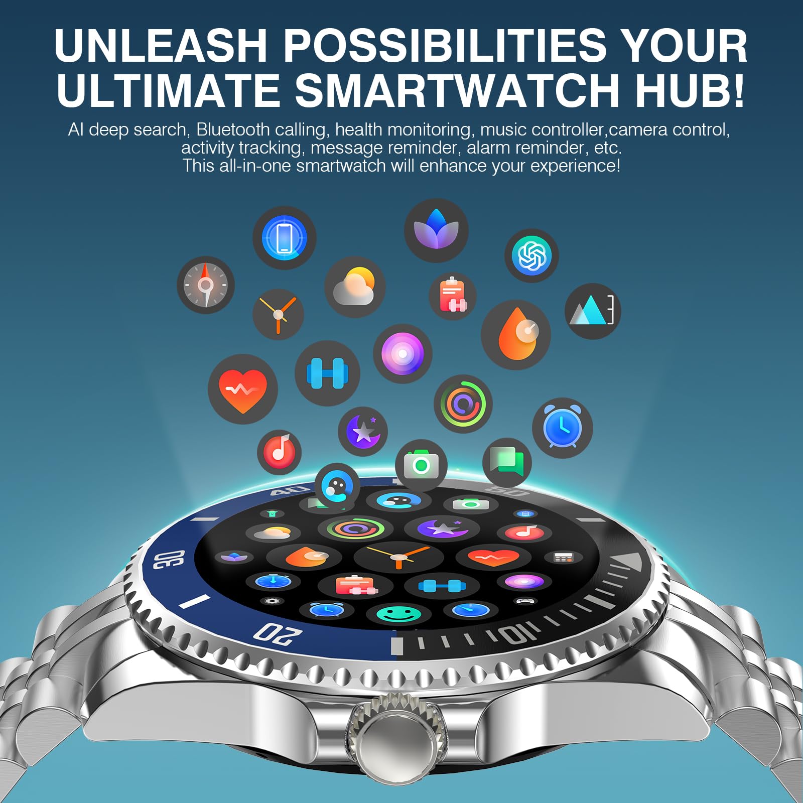 AI Smartwatch Herren, 1,19'' AMOLED Smart Watch mit Bluetooth Anrufe, 107 Sportmodi Fitnessuhr mit Herzfrequenz Schlafüberwachung Schrittzähler, IP67 Wasserdicht Runde Uhr für iOS Android Silber