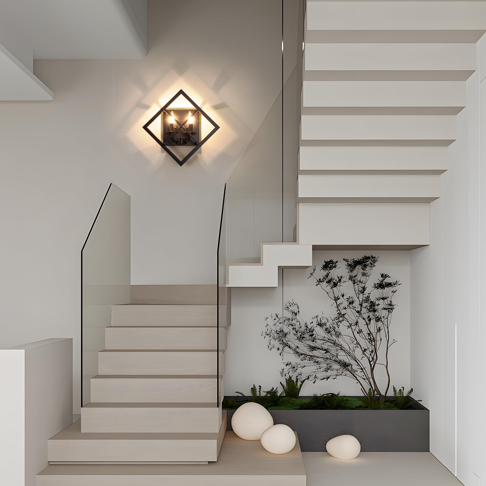 Juego de 2 apliques de pared negros para escaleras, apliques rústicos de pared de 17.8 pulgadas, lámpara de montaje en pared interior para sala de estar, dormitorio, baño (base E12, bombillas 9