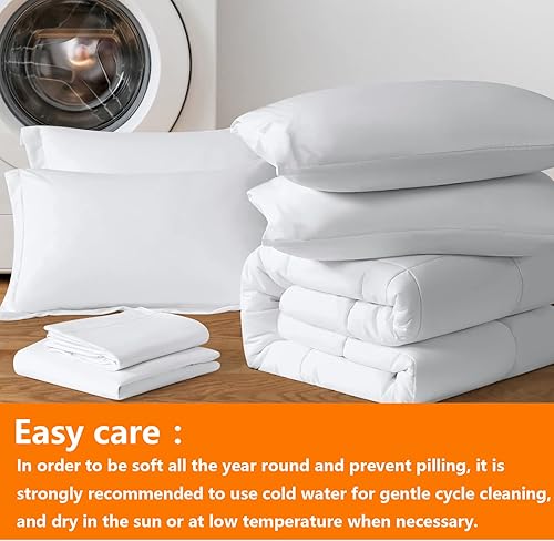 Miniatura 5 de Juego de edredón blanco tamaño matrimonial de 7 piezas, juego de cama en una bolsa con edredón reversible suave acolchado cálido y esponjoso para