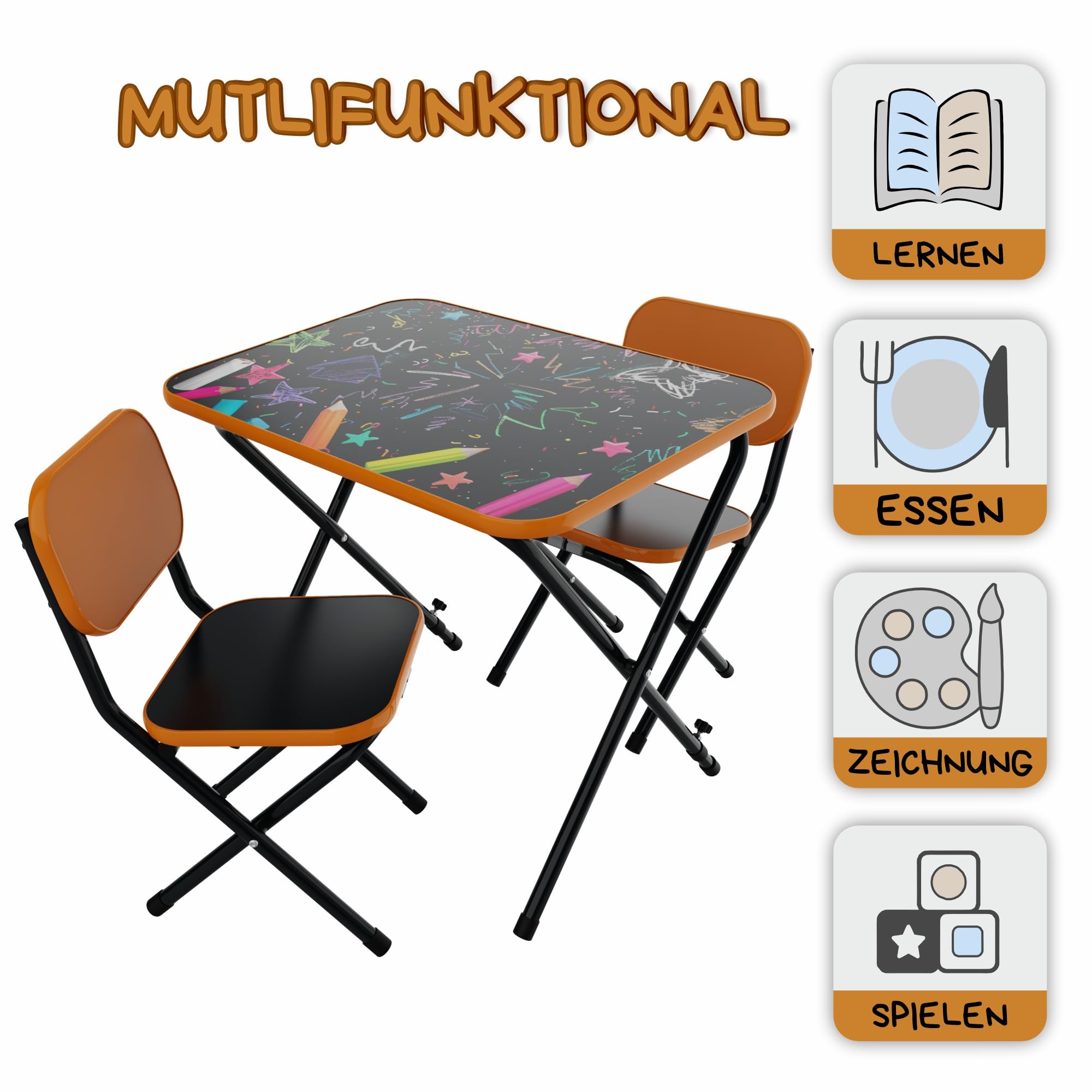 VILHA Table pour enfant avec 2 chaises - Ensemble de sièges évolutifs et pliables - Table de jeu pratique pour les tout-petits - Plateau inclinable - Orange