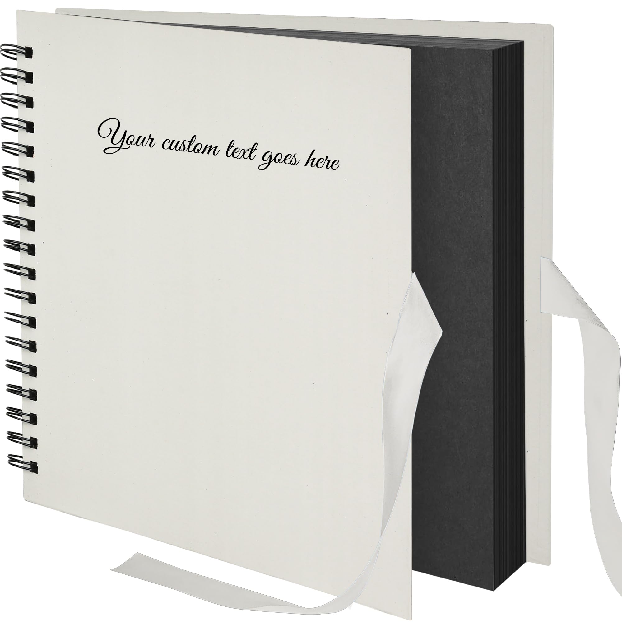 ARPAN Personalised Text Scrapbook Album Spiral Bound Photo Album 100 Pages Thick Paper DIY Memory Book for Wedding Birthday Travel Art Craft 26 x 25.5 cm Ribbon Closure (Grey Cover-Black Sheet)