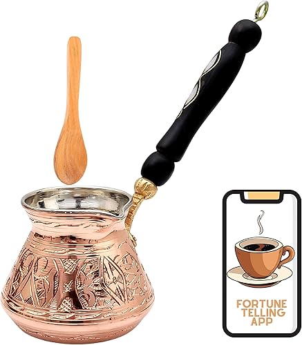 Cafetera turca griega árabe de cobre de 12 onzas con aplicación Fortune y mango de madera (4 tazas), cafetera turca Cezve, Ibrik, cafetera griega