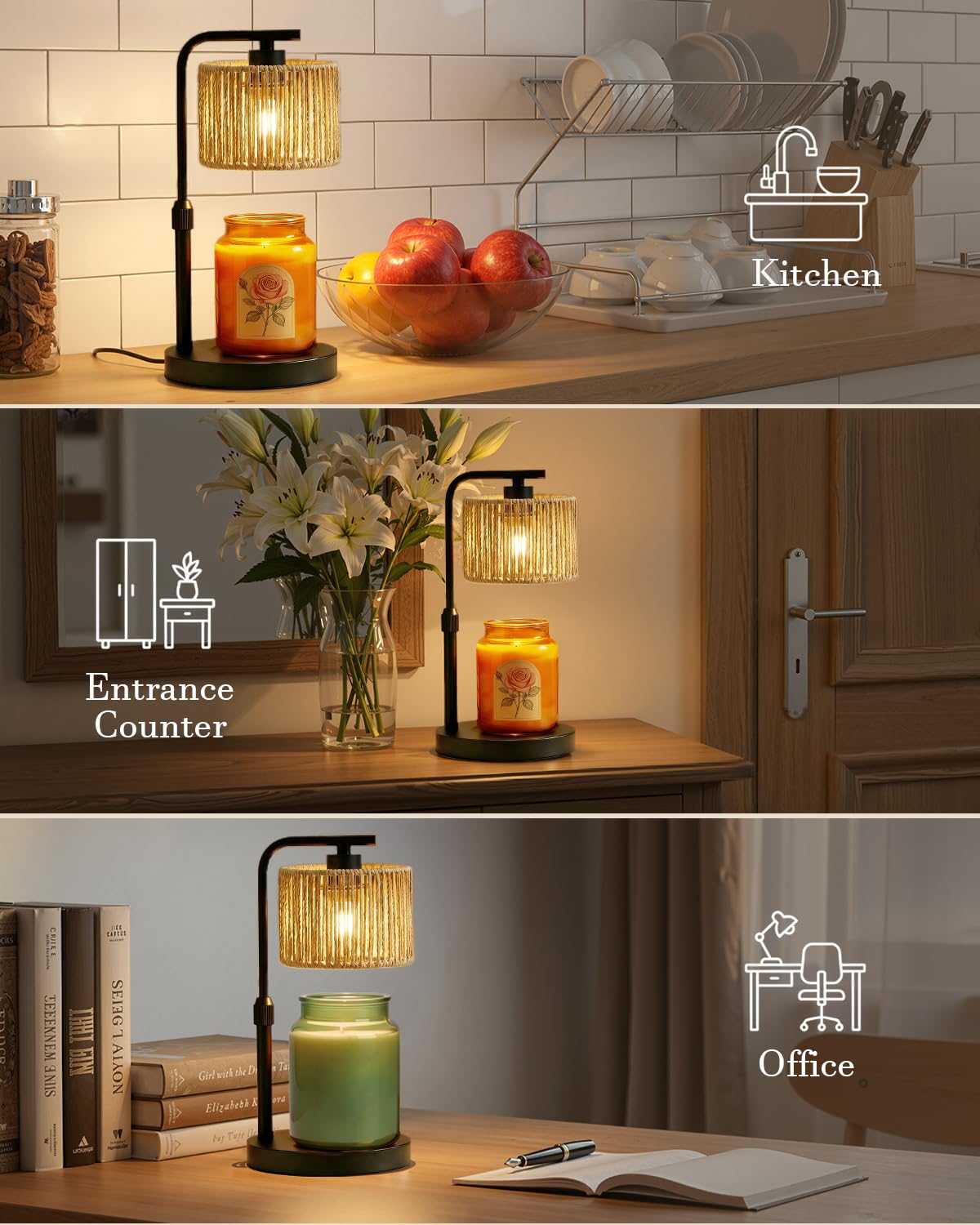 Lampada riscaldante per candele, dimmerabile con timer, altezza e luminosità regolabili, paralume in rattan boho e 2 lampadine, adatta per decorazione domestica, regalo di compleanno per donne e mamme