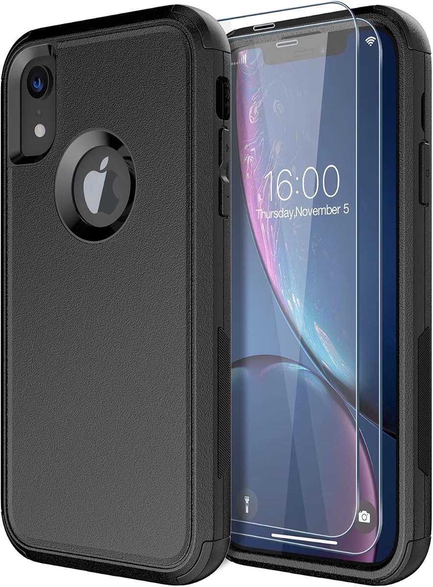 Diverbox Designed for iPhone Xr case with Screen Protector Heavy Duty Shockproof Shock-Resistant Cases for Apple iPhone Xr Phone (Black+Screen Protector)