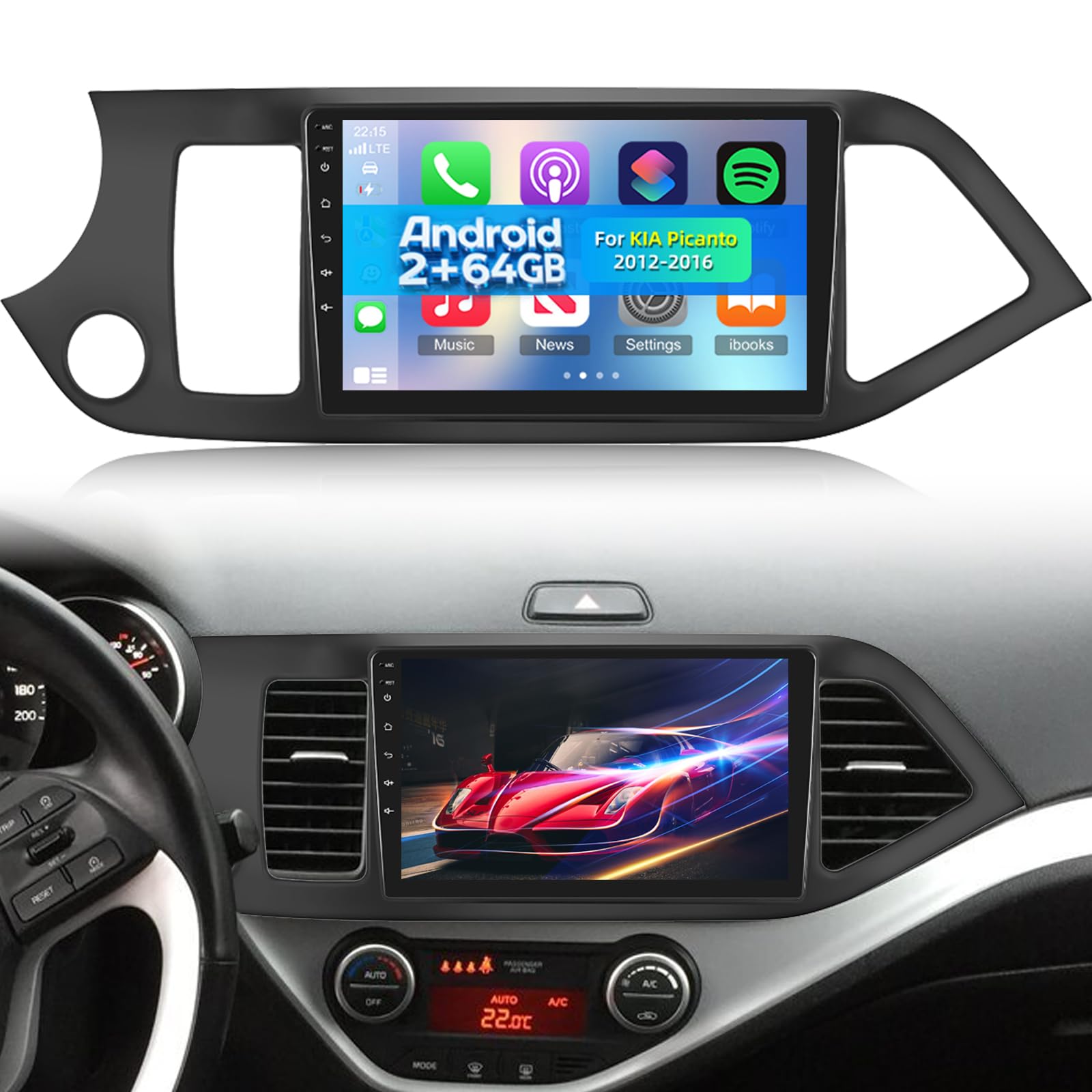 NHOPEEW 2+64G Android CarPlay Stereo per KIA Picanto 2012-2016 - Radio touchscreen da 9 pollici con CarPlay wireless Android Auto - WiFi GPS Mirror Link EQ RDS + Telecamera di backup e microfono