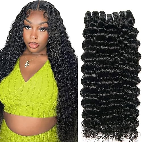 Miniatura 1 de Extensiones de cabello humano ondulado profundo de 14, 16, 18 pulgadas, 3 paquetes de cabello virgen brasileño 12A 100% sin procesar, mechones