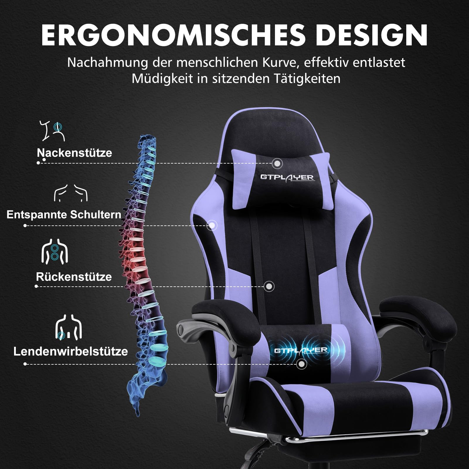 GTPLAYER Krzesło gamingowe, ergonomiczne krzesło biurowe, fotel gamingowy z podparciem okolic masażu, krzesła zadaniowe z podnóżkiem i zagłówkiem, fioletowy materiał