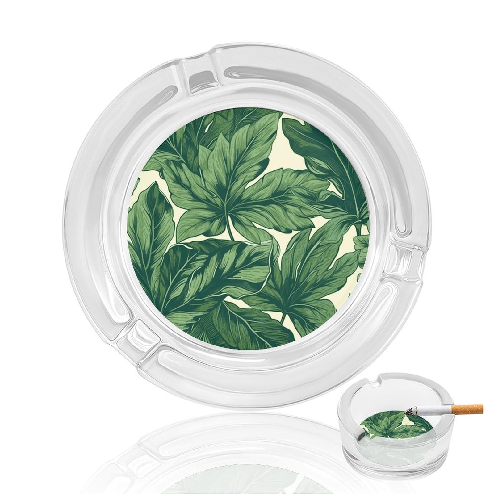 Fekiloot Men's Style Green Foliage Botanical Glass Ashtray For Cigarette Cigar,Cigarette Ashtray For Indoor Or Outdoor Use,Cigar Ashtrays With 3 Notches-Glass Decor Gift For Smokers