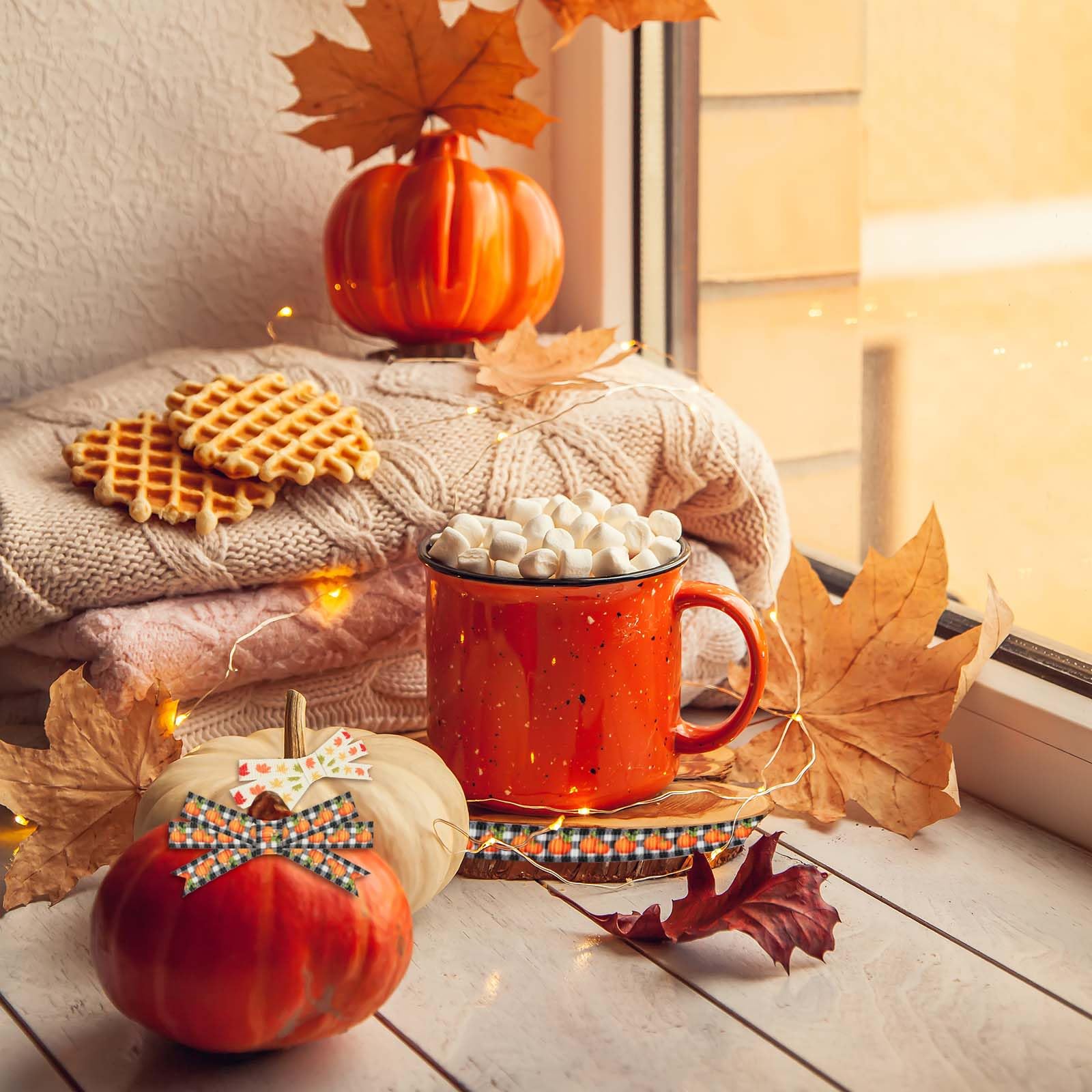 Herbst-Band-Set – 4 Rollen à 5 Yards, 5,1 Cm Breit, Aquarell-Design Mit Kürbissen & Ahornblättern, Drahtrand