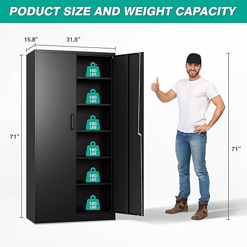 Miniatura 2 de SISESOL Metal Storage Cabinet with 2 Doors and 6 Shelves,Black Metal Cabinet with Lock,71" Lockable Garage Storage Cabinets,Locking File