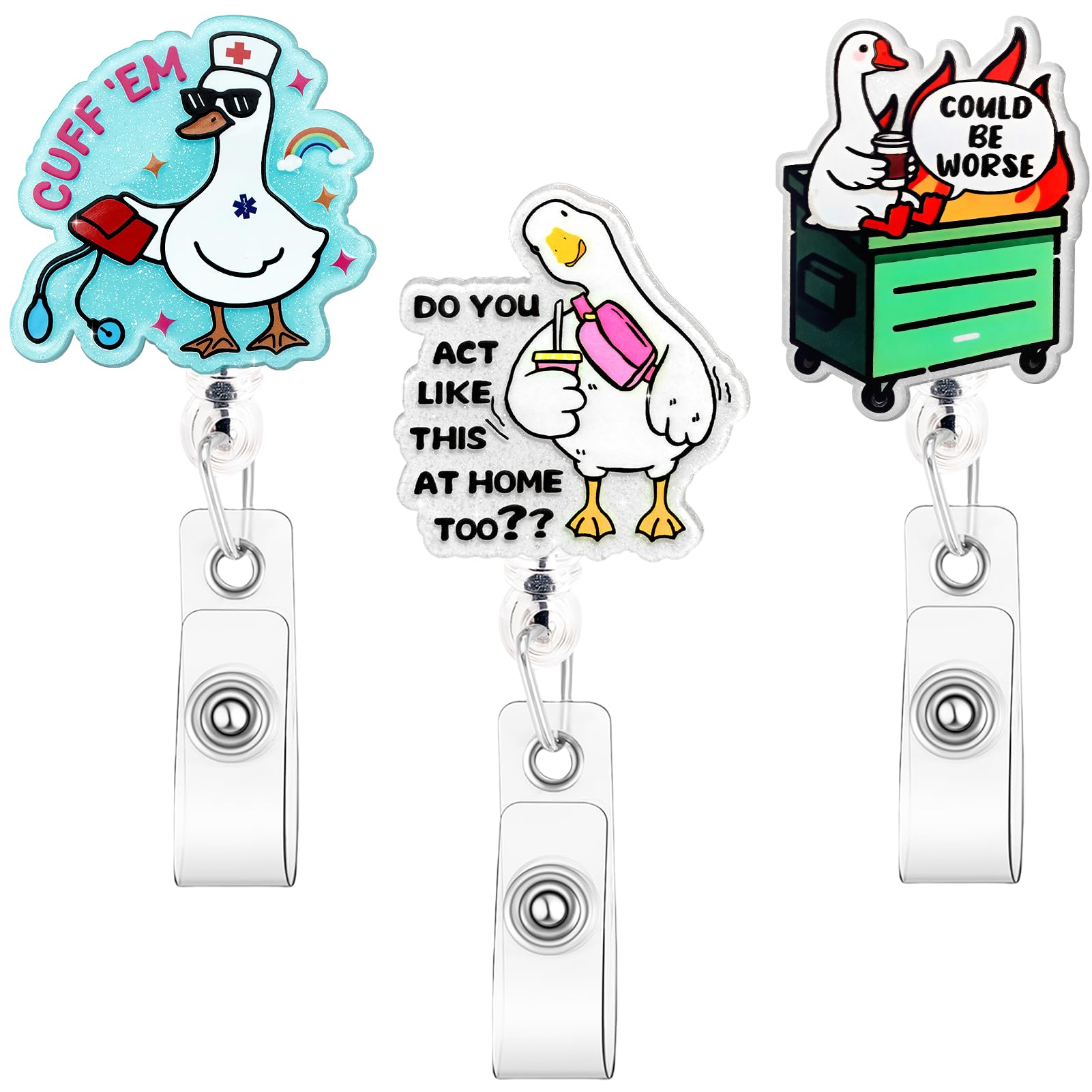 Zkptops 3Pcs Funny Badge Reels for Nurses Cute Goose Dumpster Fire Nurse Doctors ID Holder Goose Designs Retractable 360 Clip Durable Acrylic Medical Card Holder Accessories for Nursing Student Gift