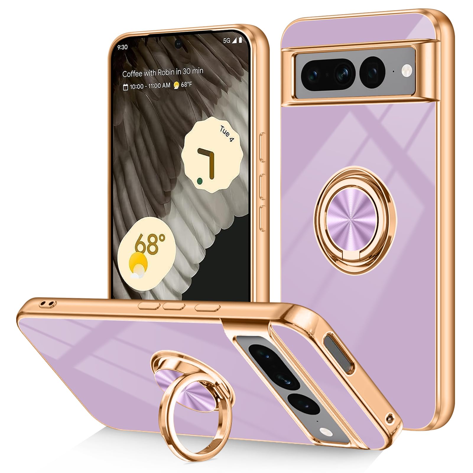 Dinick for Google Pixel 7 Pro Case with Ring Holder Kickstand, Soft TPU Gold Plated Cover, Anti-Scratch, Shockproof Protection, Slim, Magnetic Stand
