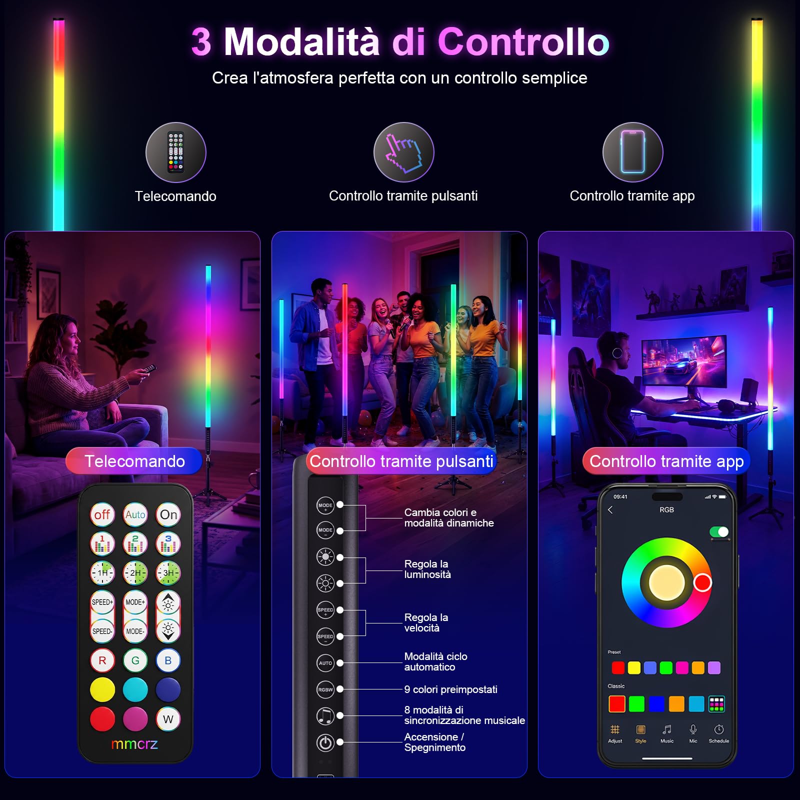 Set di 4 Barre LED RGB con Treppiede, Tubo Luminoso Video da 120 cm, Sincronizzazione Musicale, Batteria Ricaricabile da 5200 mAh, Controllo tramite App e Telecomando, Luce RGB Dimmerabile per Fotogra