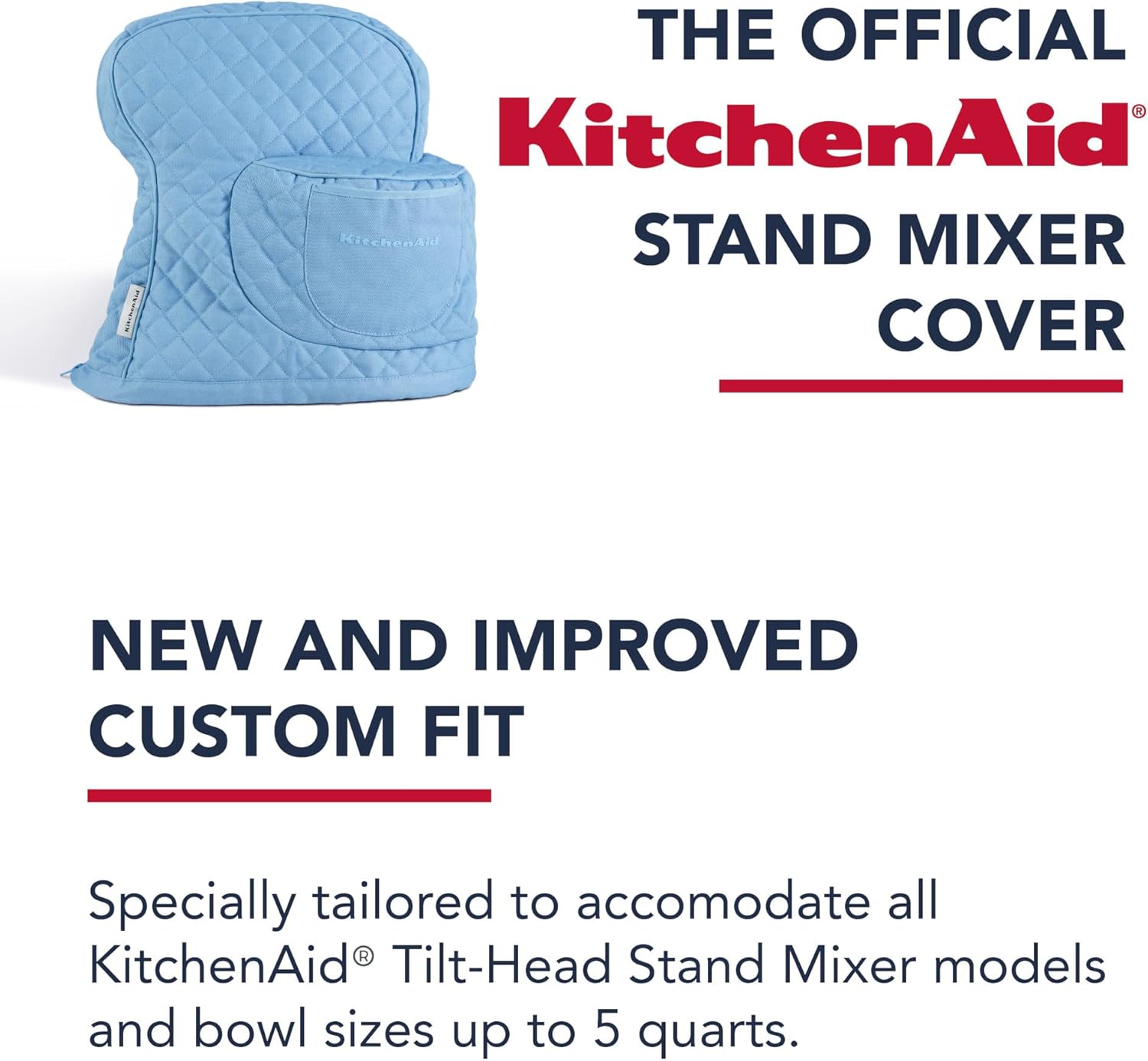 KITCHENAID Fitted Tilt-Head Stand Mixer Cover with Storage Pocket, Quilted 100% Cotton,14.4"x18"x10", Blue Velvet