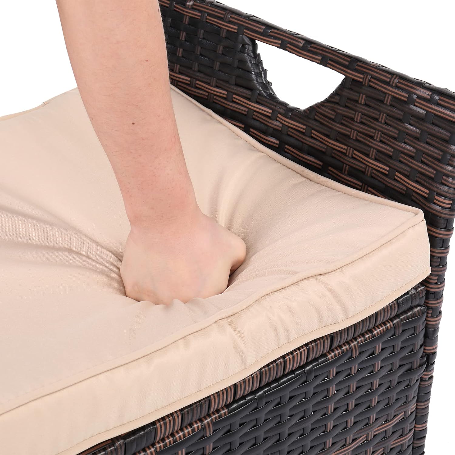 Wicker Outdoor Storage Bench,33 Gallon Rattan Deck Box with Side Handles & Soft Cushion,Patio Bench with Storage,Outdoor Furniture for Pillows,Garden Tools,Pool Accessories,Sports Equipment (Brown)