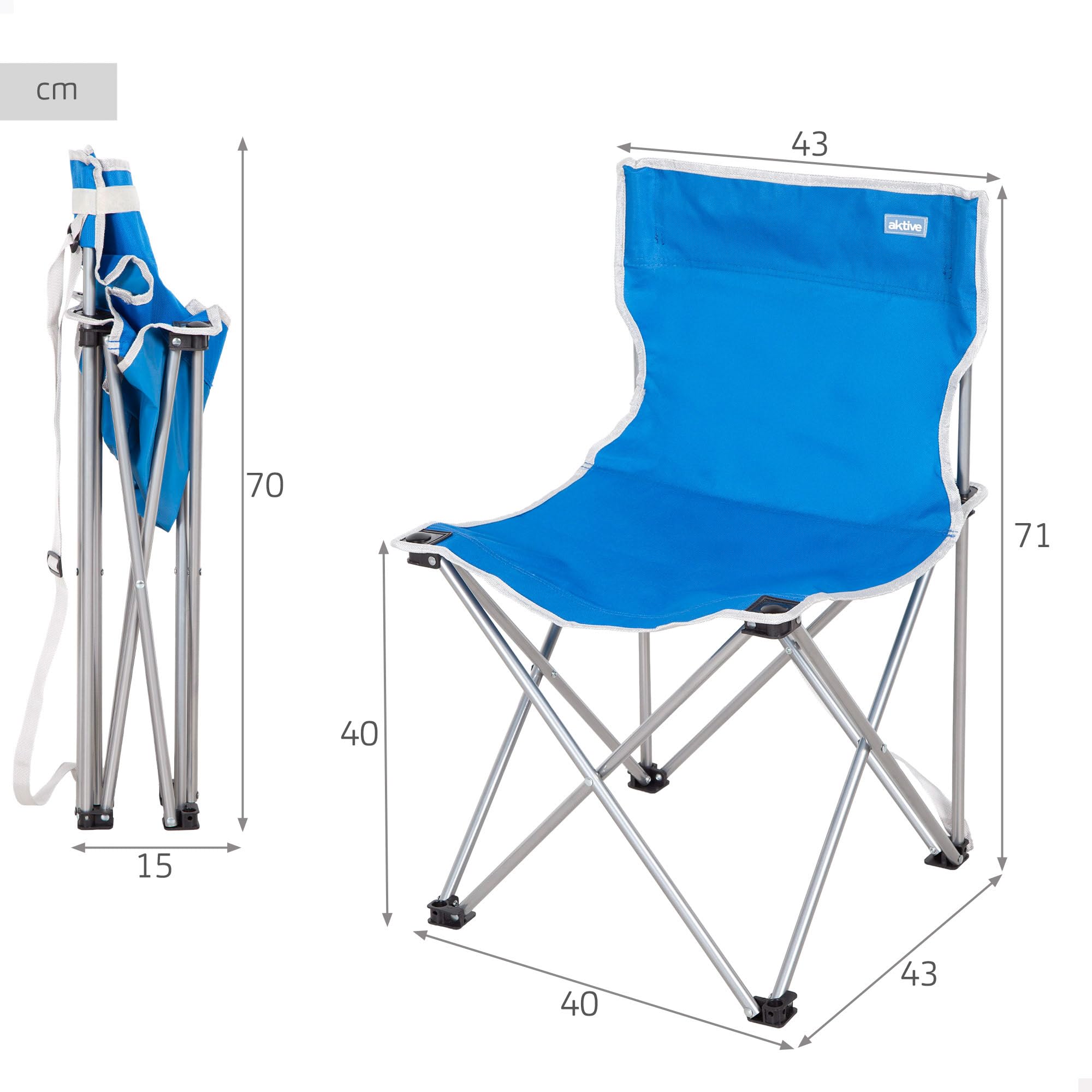 AKTIVE Pack 4 sillas Camping, 43x43x71 cm, Azul y Gris, Soporta 110 kg, Asiento Alto 40 cm, Antivuelco, Asa Transporte Lateral, Plegado Compacto, Sin Tubo Delantero (85563)