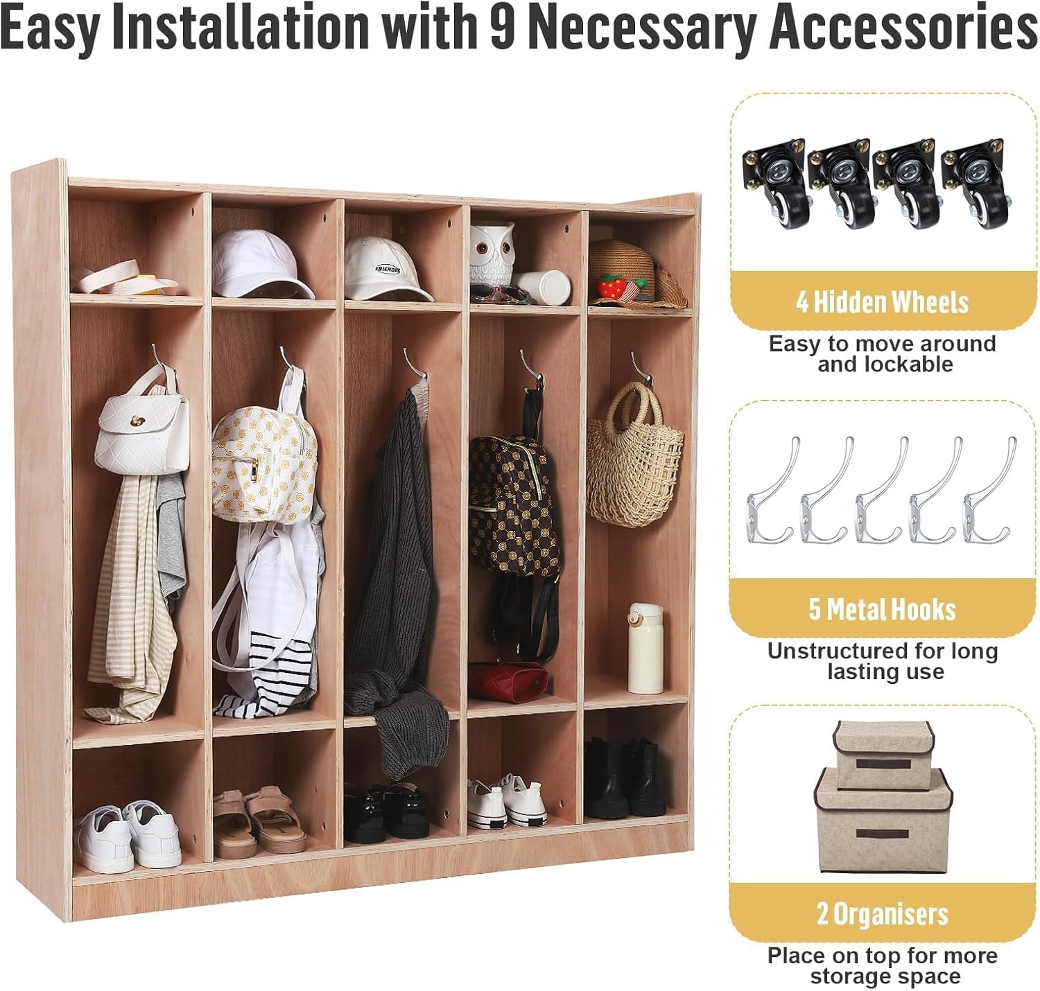 5-Section Classroom Coat Locker, 10 Cubbies for Classrooms with Anti-tip Kit, Daycare Cubby with 4 Casters, 5 Hooks & 2 Storage Boxes, Wooden Storage Cabinet for Home, School, Kindergarten