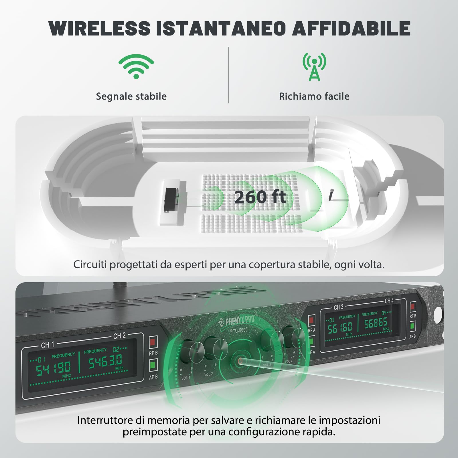 Phenyx Pro Sistema microfono wireless professionali UHF a 4 canali in metallo a frequenza fissa con 4 microfoni dinamici palmari, portata di 260 piedi per canto, chiesa (PTU-5000-4H)
