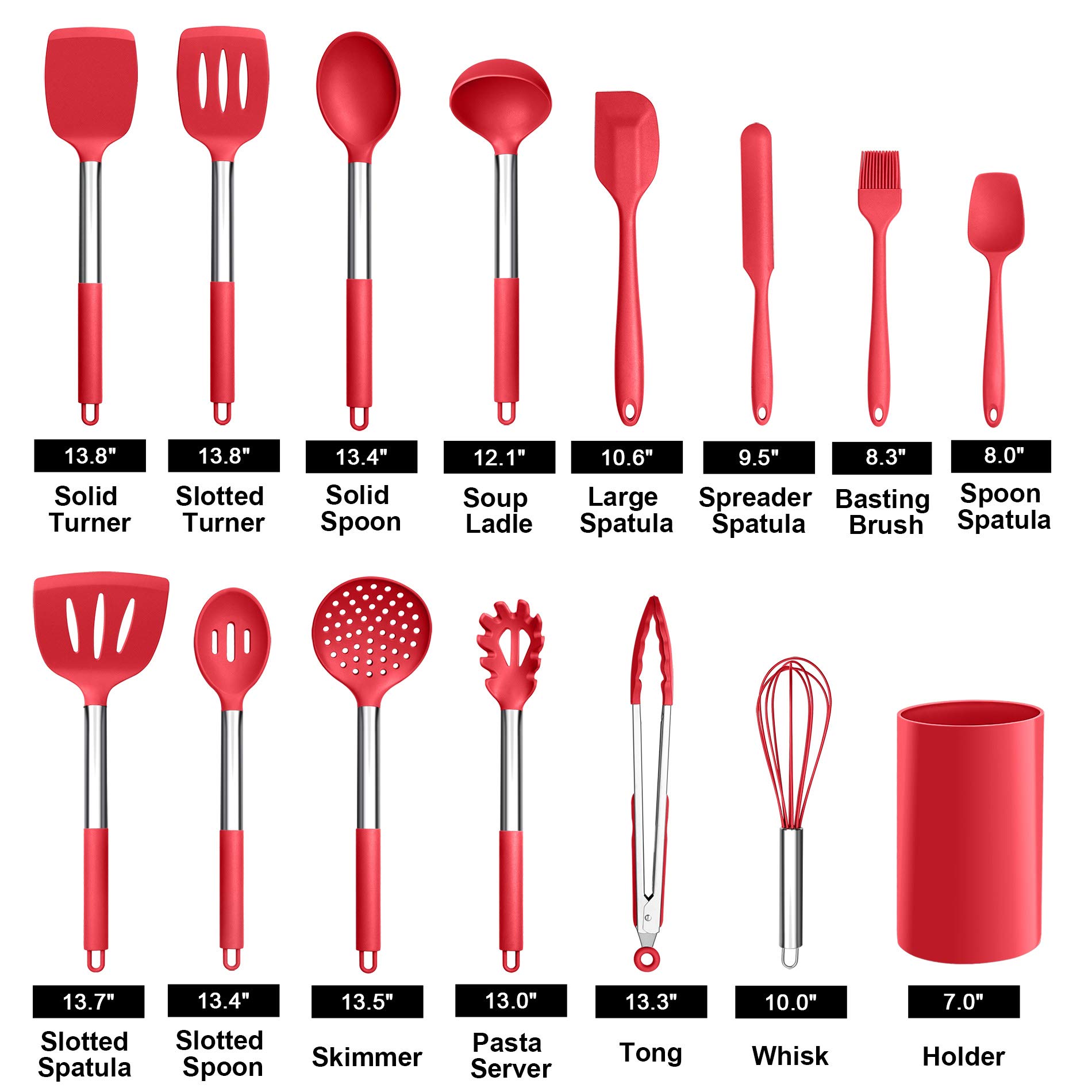 LIANYU Set di utensili da cucina da 15 pezzi con supporto, strumenti da cucina in silicone manico in acciaio inossidabile, spatola scanalata, cucchiaio da cucina per cucinare, rosso