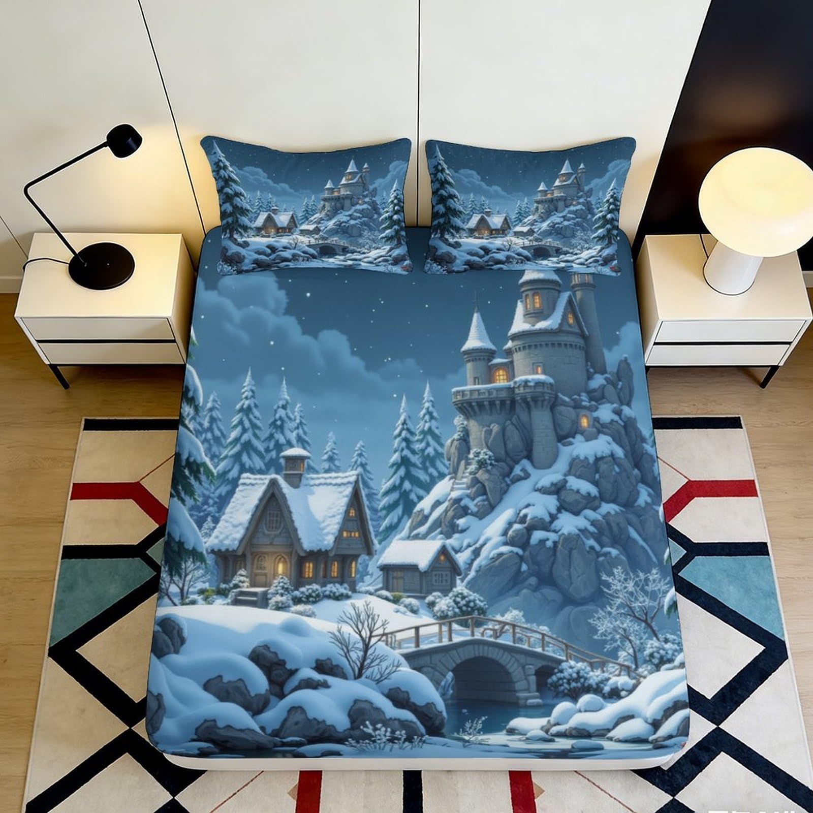 3D Printed Winter Castle Fitted Sheet Microfiber Soft Snowy Village Mattress Cover for Bedroom Guest Room Decor 180x200x25cm