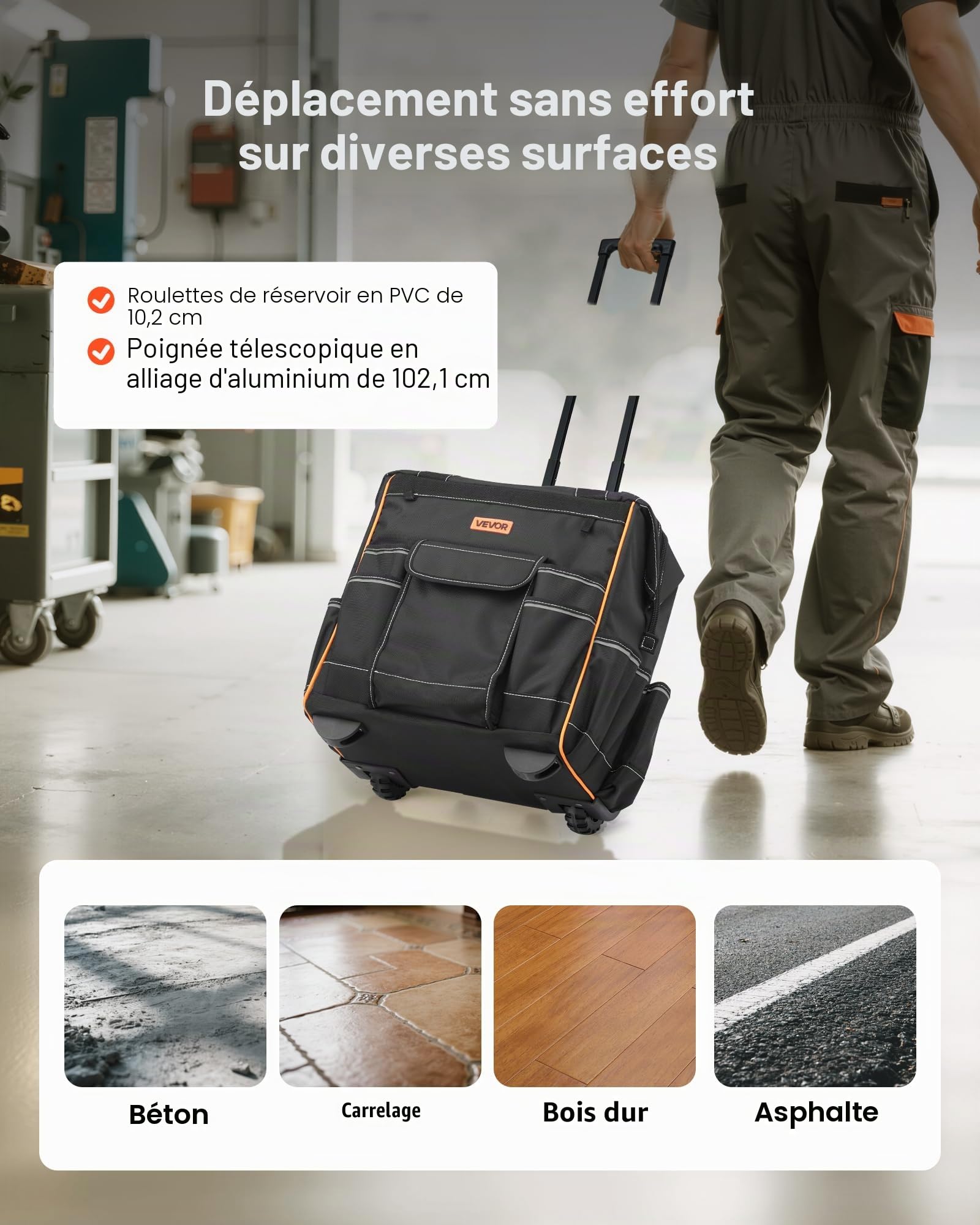 VEVOR Sac à Outils à Roulettes, Charge 50 kg, Caisse à Outil, 39x29x42 cm, avec 25 Poches, Poignée Télescopique, Base Stable, Sac Organisateur Outils Robuste pour Électriciens, Plombiers, Mécaniciens