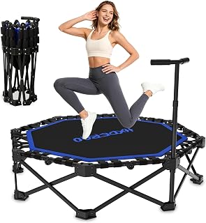 HXD-ERGO Rebounder Trampoline for Adults with Handle, 42''/48'' | Foldable Mini Trampoline with Durable Bungee Cords, 460/550lbs Capacity for Indoor Fitness, Cardio and Full Body Workouts