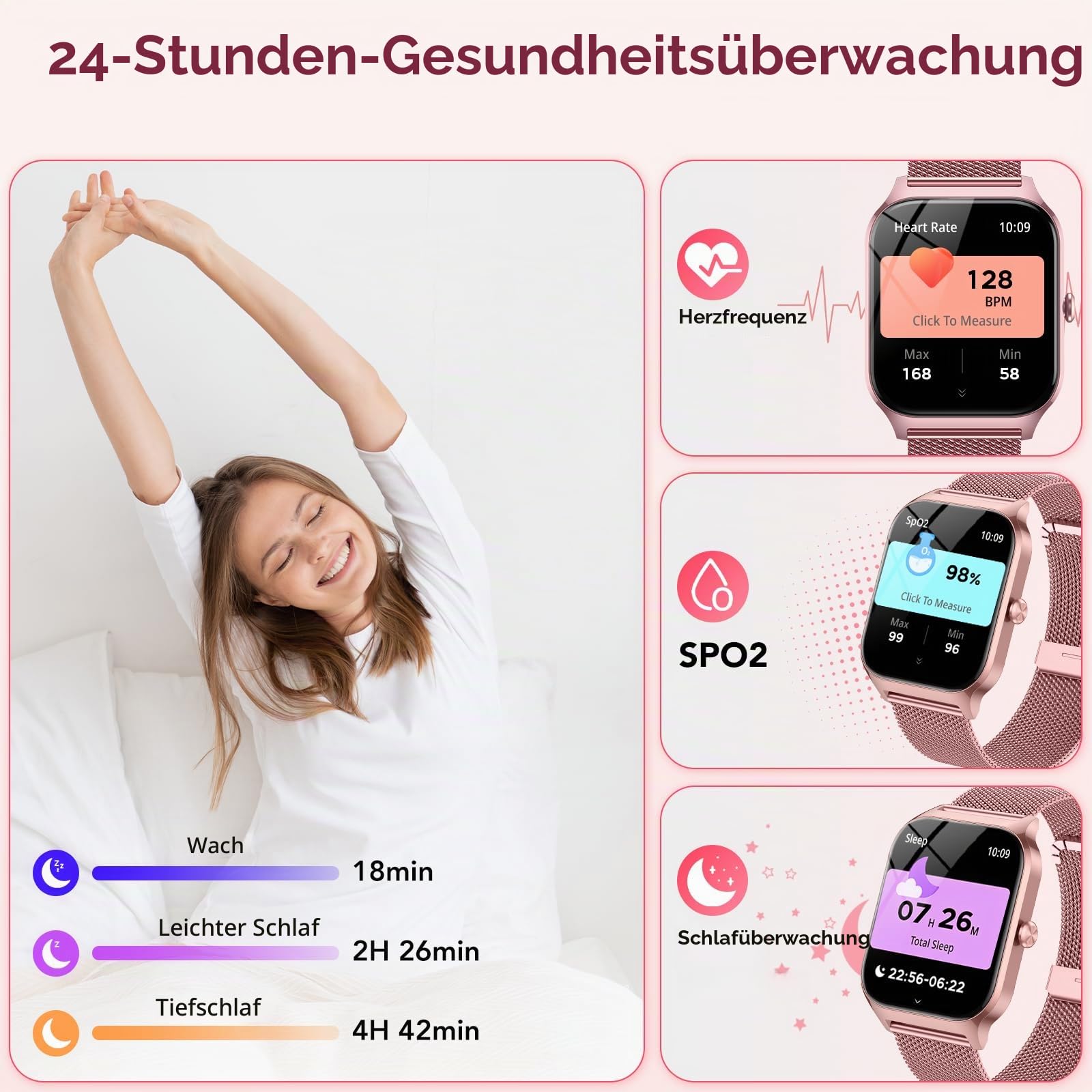 Smartwatch Damen mit Telefonfunktion, 1.85" HD Uhren mit Herzfrequenz SpO2 Schlafmonitor Schrittzähler, 120+ Sportmodi Fitnessuhr, IP68 Fitness Tracker, Smart Watch Kompatibel für Android iOS Rosa