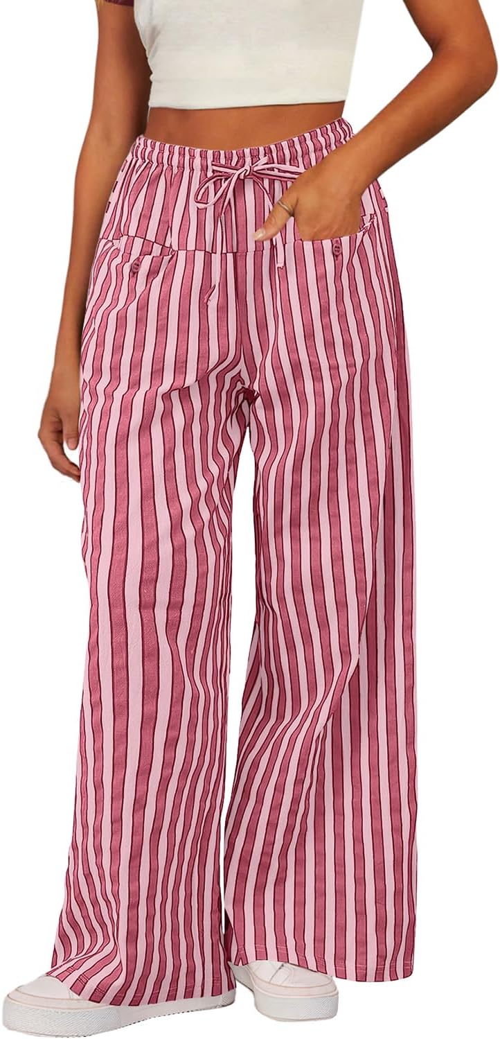 Acelitt Women Casual Drawstring Elastic Waist Loose Wide Leg Striped Pants with Pockets, S-XXL - Image 2