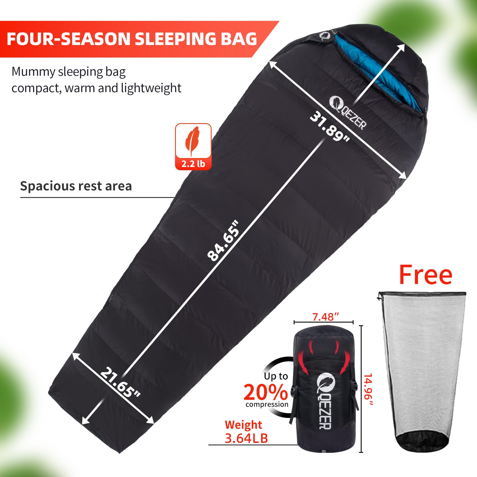 Saco de dormir de plumón para adultos, saco de dormir de 0 grados con relleno de 620 grados, ultraligero, saco de dormir para mochileros