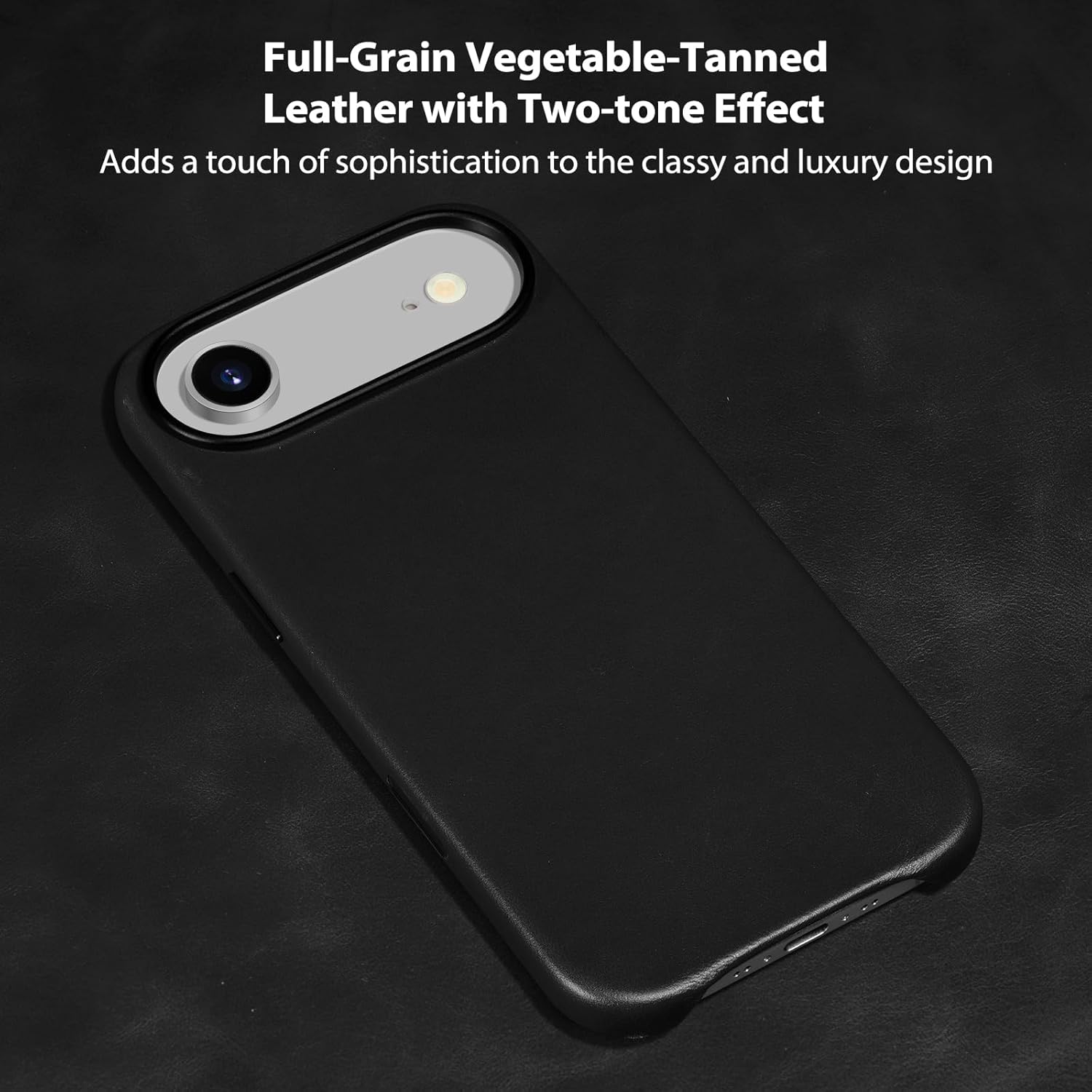 Belemay Handcrafted Full-Grain Vegetable-Tanned Leather Case for iPhone 17 Air, Compatible with MagSafe, Classy Two-Tone Effect, Natural Patina, Camera Control Button, Metal Buttons (6.5"), Black - Image 2