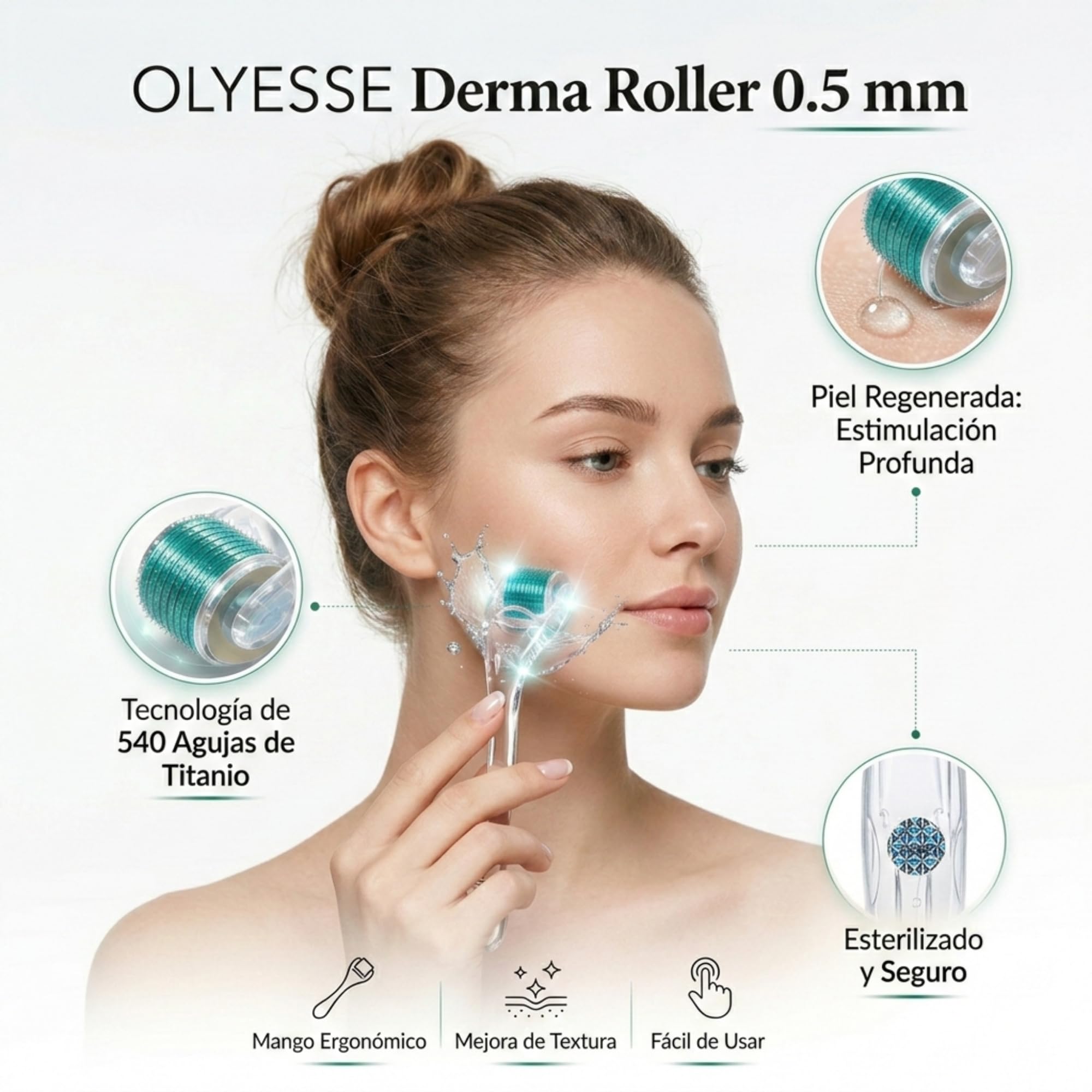 Dermaroller 0.5 mm con 540 Microagujas de Titanio – Derma Roller Facial Microneedling – Rodillo para Barba y Rostro – Alternativa Dermapen Facial