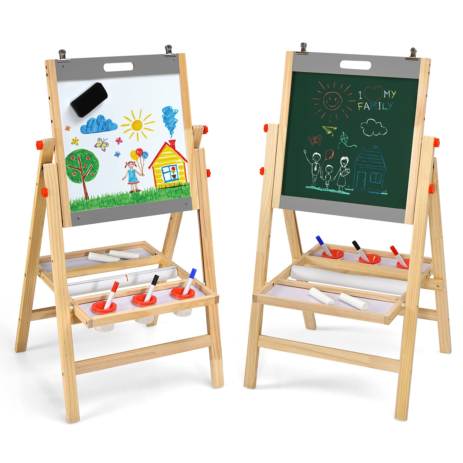 LIFEZEAL Caballete infantil con Pizarra 2 en 1, caballete con doble cara para niños, altura ajustable, tabla de madera plegable, pizarra magnética y pizarra negra con accesorios y estante (gris)