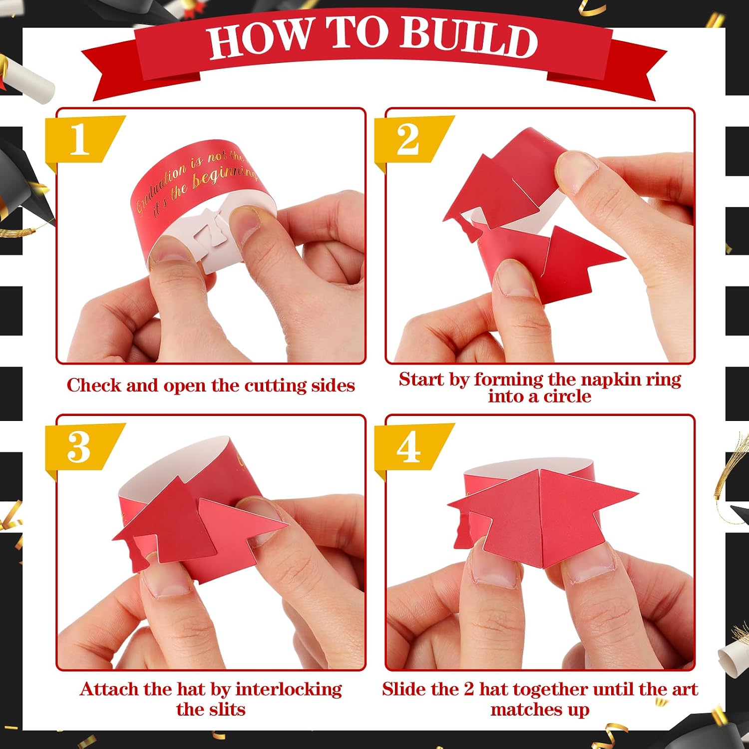30pcs Graduation Paper Napkin Rings with Gold Foil Inspirational Word Graduation Cap Napkin Ring Holders for Graduation Party Celebration Holiday Dinner Table Decorations(Red) image 3