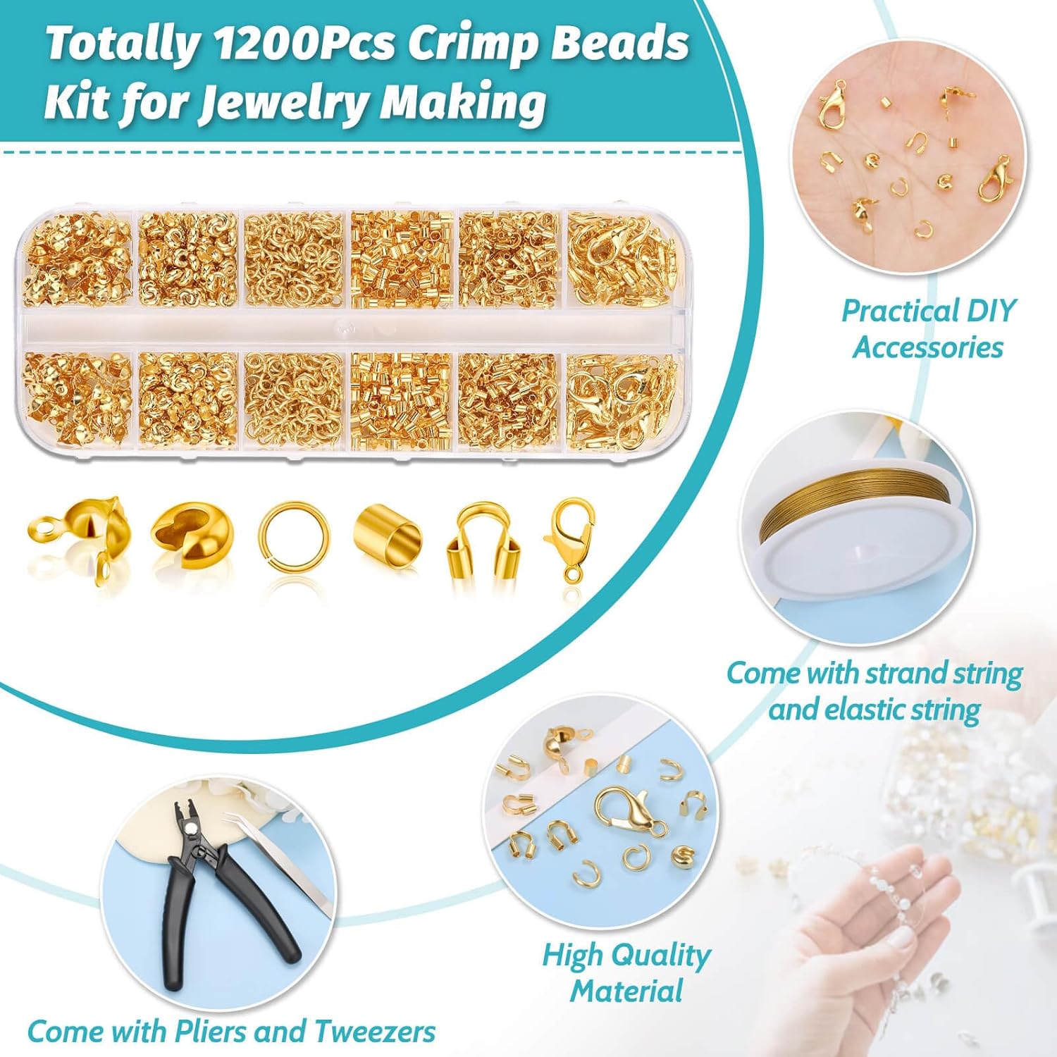 Acejoz 1200 Pcs Gold Crimp Beads Kit, Jewelry Making Supplies Include Crimp Covers, Crimp Tubes, Wire Guardians, Lobster Clasps, Jump Rings, Pliers and Beading Wire for Jewelry Making - Image 3