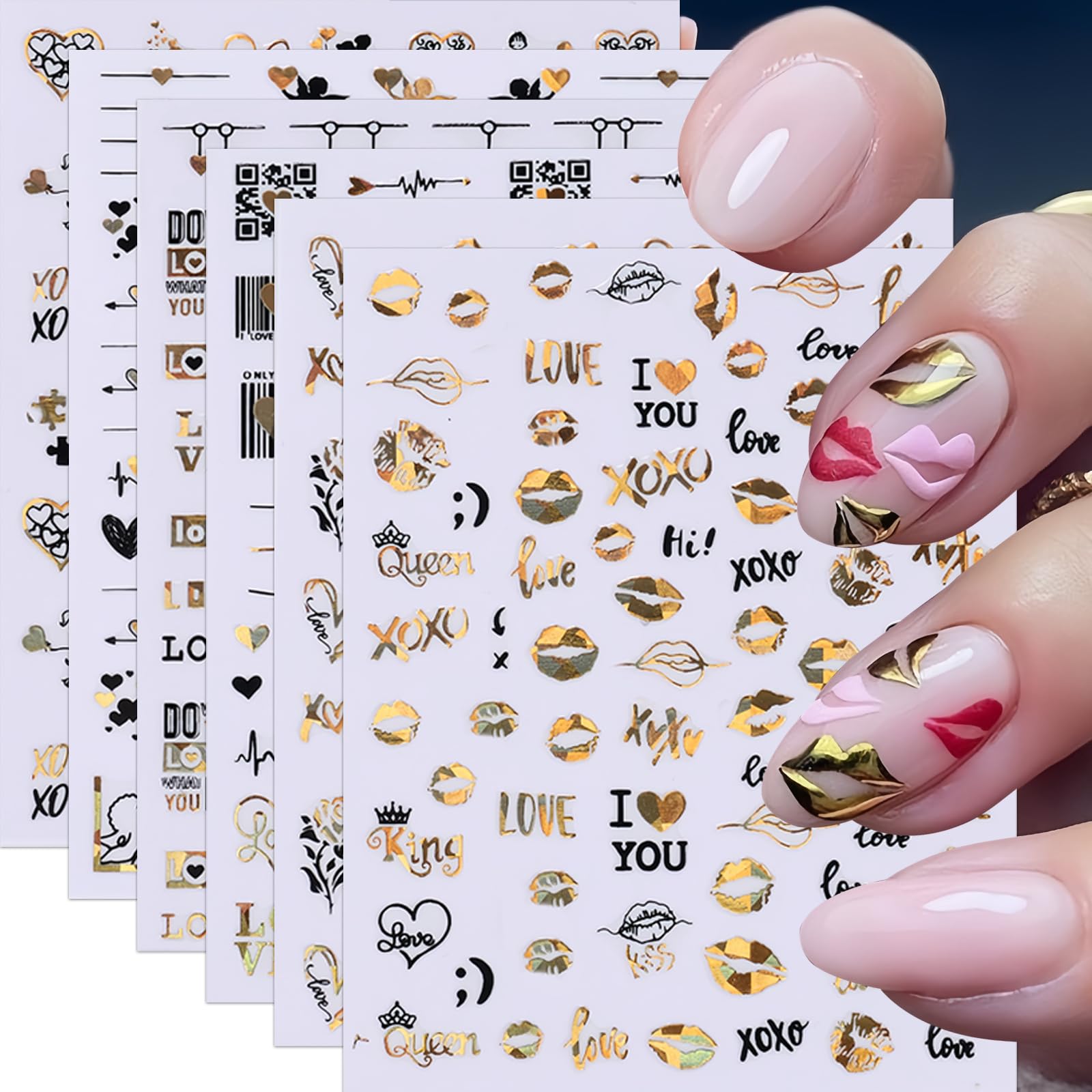 6 Sheets Valentines Heart Nail Art Stickers Black Gold Heart-Shaped 3D Self-Adhesive Nail Decals Sexy Lips Rose Angel Nail Supplies Romantic