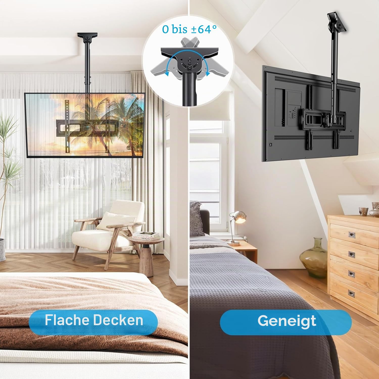 PERLESMITH TV-Deckenhalterung – TV-Halterung neigbar und schwenkbar, verstellbar für Bildschirme von 26 bis 65 Zoll – Dachhalterung Full-Motion trägt 50 kg mit VESA 400 x 400 mm