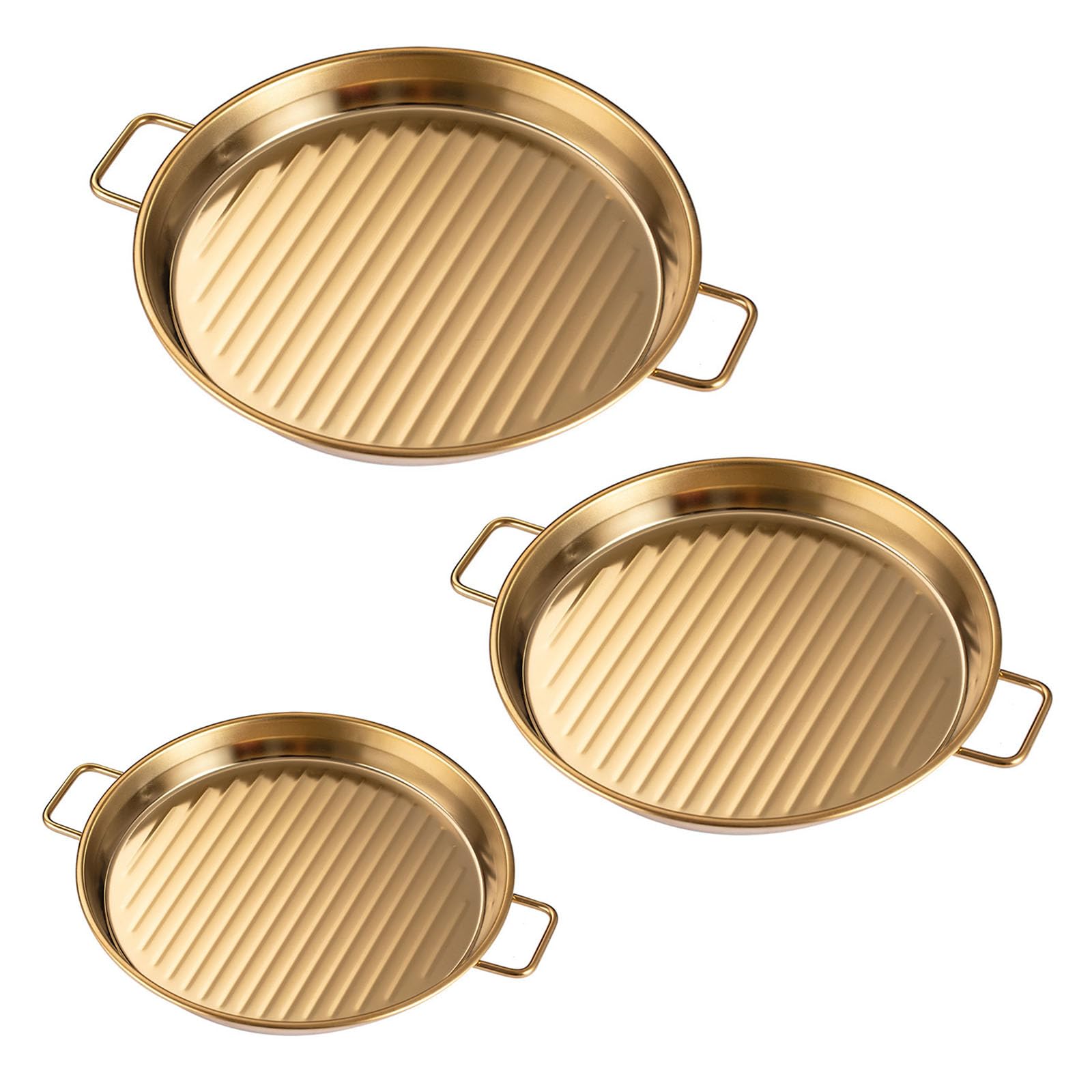 Elnwnnkc 3pcs Rustproof Metal Appetizer Plates Snacks Tray Stainless Steel Appetizer Serving with Handle Golden Stainless Steel Tray