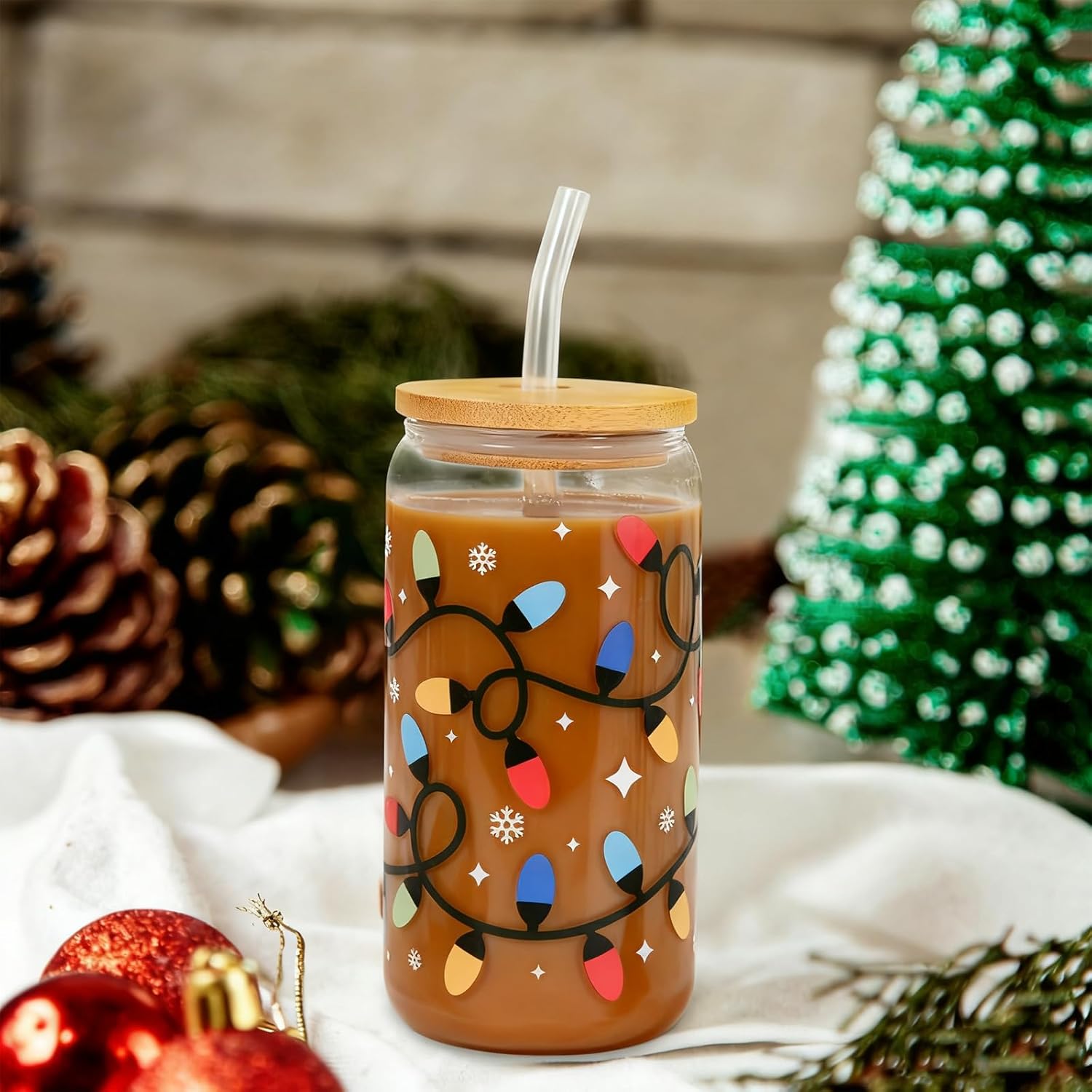 Color Changing Christmas Cup, Iced Coffee Cup with Color Changing, Cute Glass Cups with Lids and Straws, Reusable Travel Mug for Iced Coffee Cold Water, Valentines Day, Birthday Gift for Her - Image 6