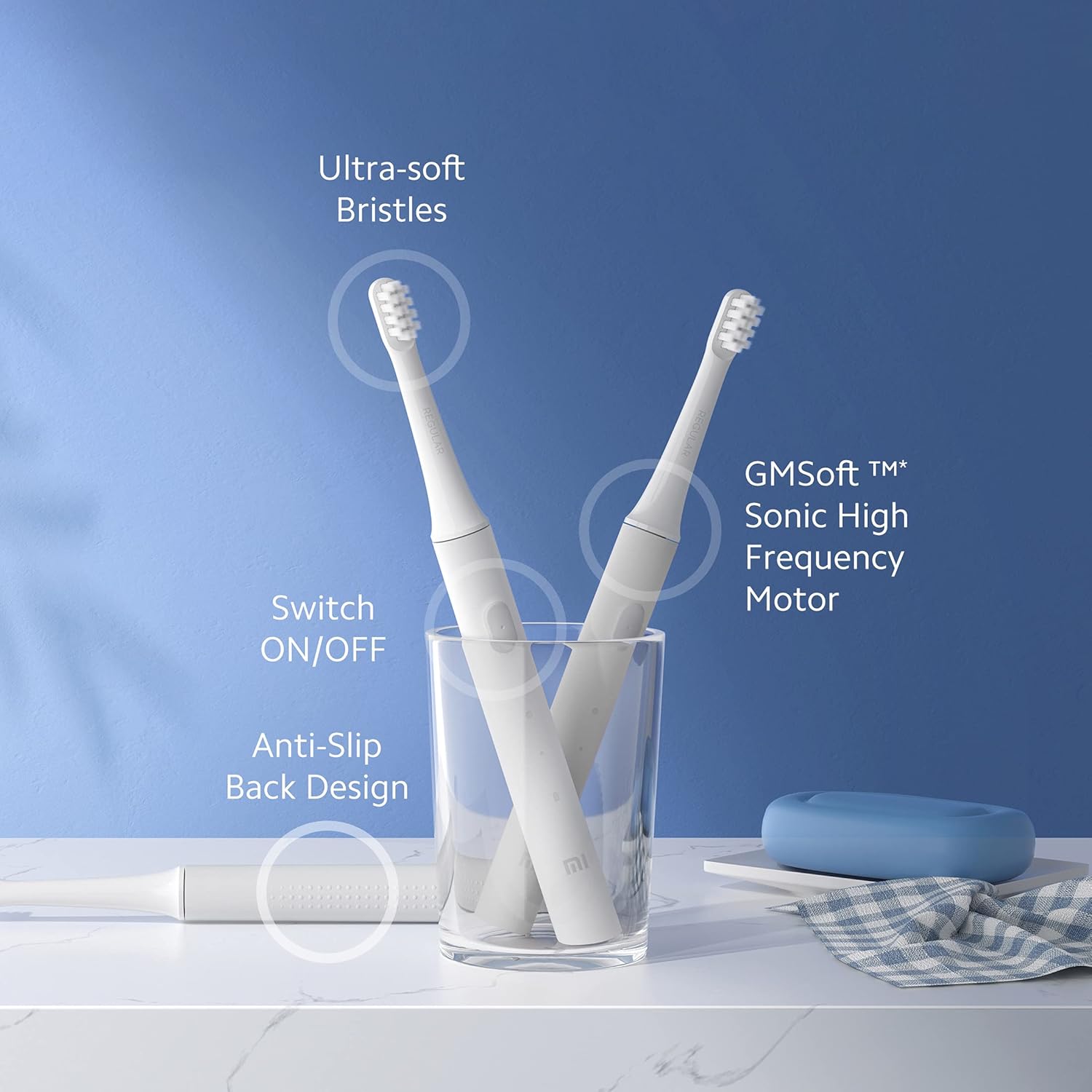 Mi Electric Toothbrush T100 highlighting features like ultra-soft bristles, ON/OFF switch, anti-slip back, and sonic motor