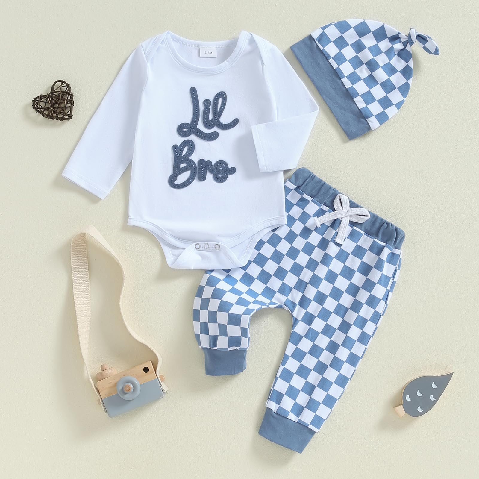 ZAXARRA Newborn Baby Boys Fall Outfits Letter Embroidery Print Long Sleeve Romper Checkerboard Pants Hat Clothing Sets (Blue-, 3-6 Months)
