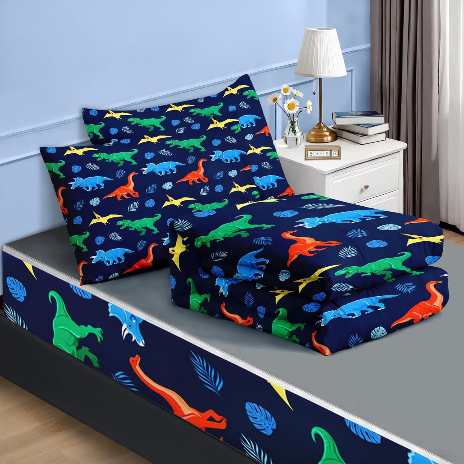 Nesker Twin Zipper Bedding, Dinosaur Zipper Bedding Sets for Boys, 3pcs All in on one, Blue Kids Comforter Set with Fitted Sheet and 2 Pillowcases - Image 2