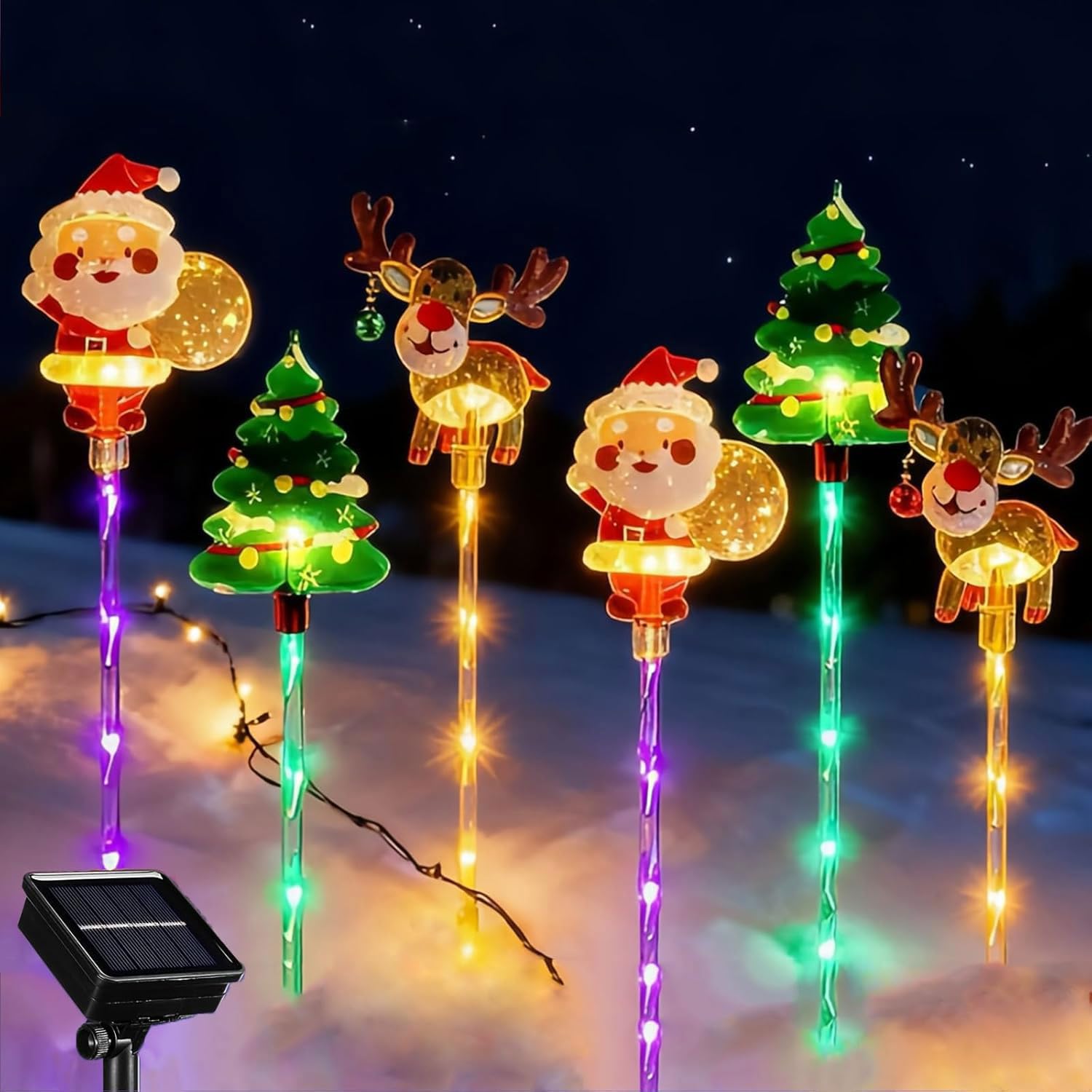 6-Pack of Moving Christmas Lights, Christmas Figurine Lights Outdoor Decorations, LED Outdoor Solar Xmas Decorative Lights, Waterproof Solar Xmas Tree Santa Snowman Lights, 8 Color Light Modes (A)