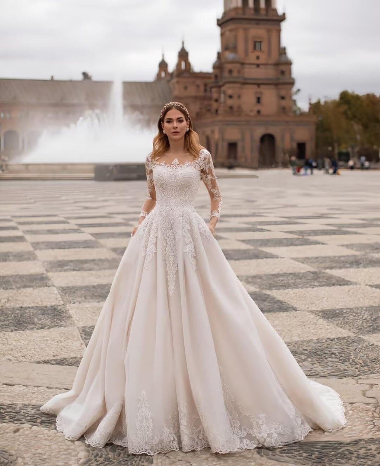 HUINI Hochzeitskleider für die Braut mit Schleppe Spitzen Langarm Tüll A-Linien Falten Brautkleider mit Taschen