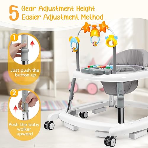 Miniatura 3 de Andador plegable 5 en 1 con música y luces con 5 alturas ajustables, andador para bebés con ruedas y gorila combo portátil, andador infantil para