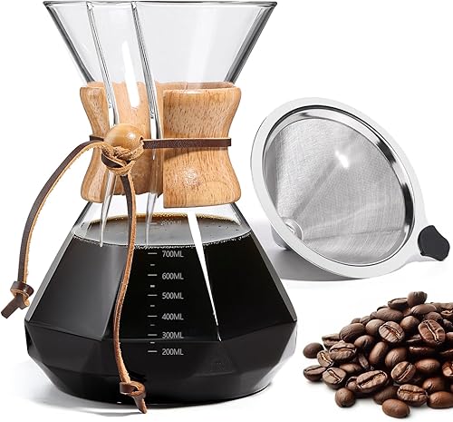 Miniatura 13 de Cafetera de Café por Goteo 27 OZ, Cafetera de Vidrio de Borosilicato de 8 Tazas con Filtro de Acero Inoxidable Reutilizable y Empuñadura de Corcho