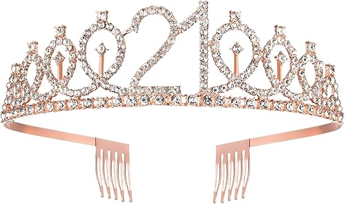 Miniatura 3 de Juego de banda y corona de cumpleaños 21 para niñas, juego de tiara de diamantes de imitación y banda de 21 cumpleaños para niñas, regalos de