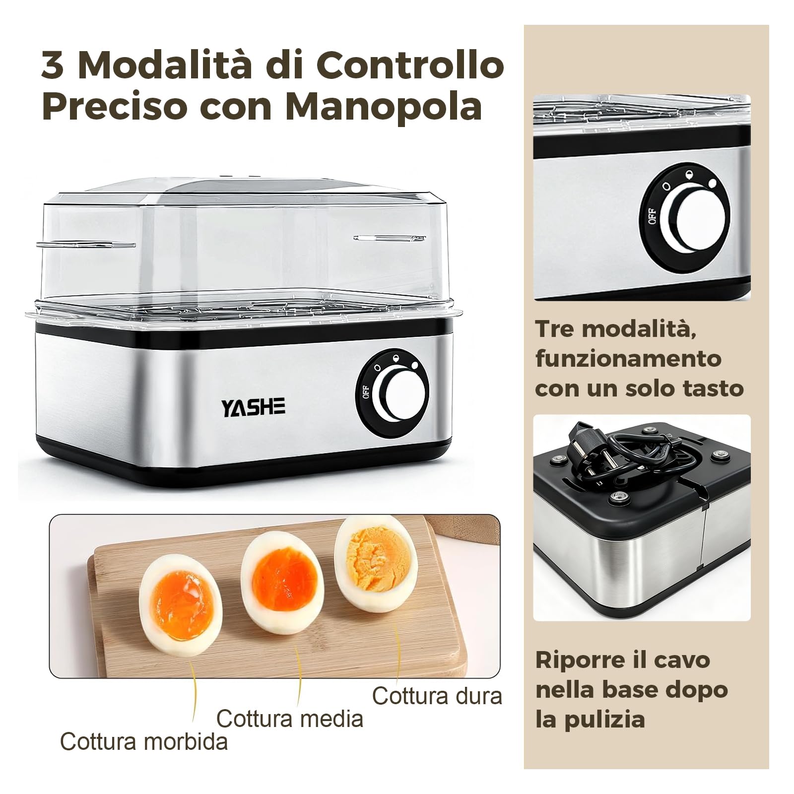 YASHE Cuociuova elettrico in acciaio inox per 8 uova sode, medie e alla coque, in camicia con spegnimento automatico e cicalino, include ciotola per frittata e misurino, senza BPA